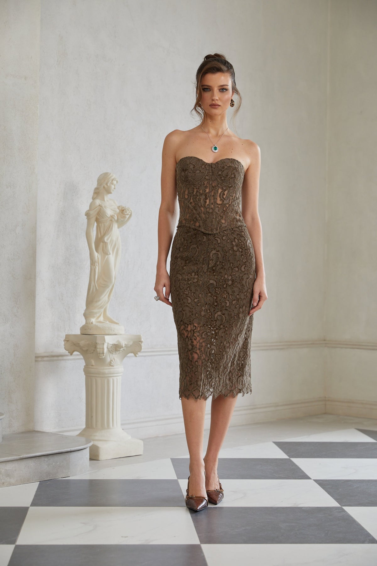 Gioia Dark Green Chenille Lace Top & Skirt Set (Final Sale)