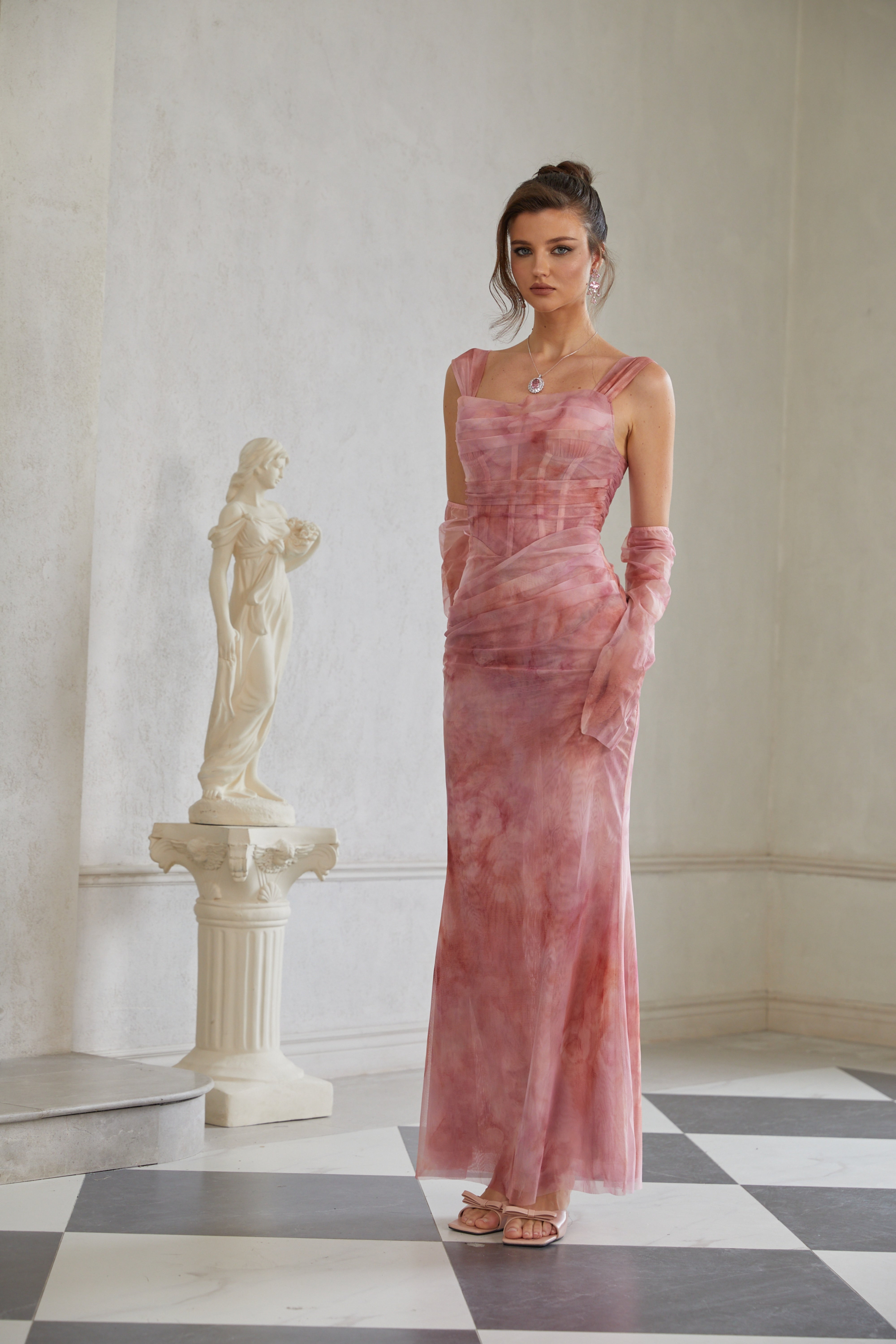 Amélie Pink Ombré Ruched Tulle Maxi Dress (Without Gloves) (Final Sale-US Only)