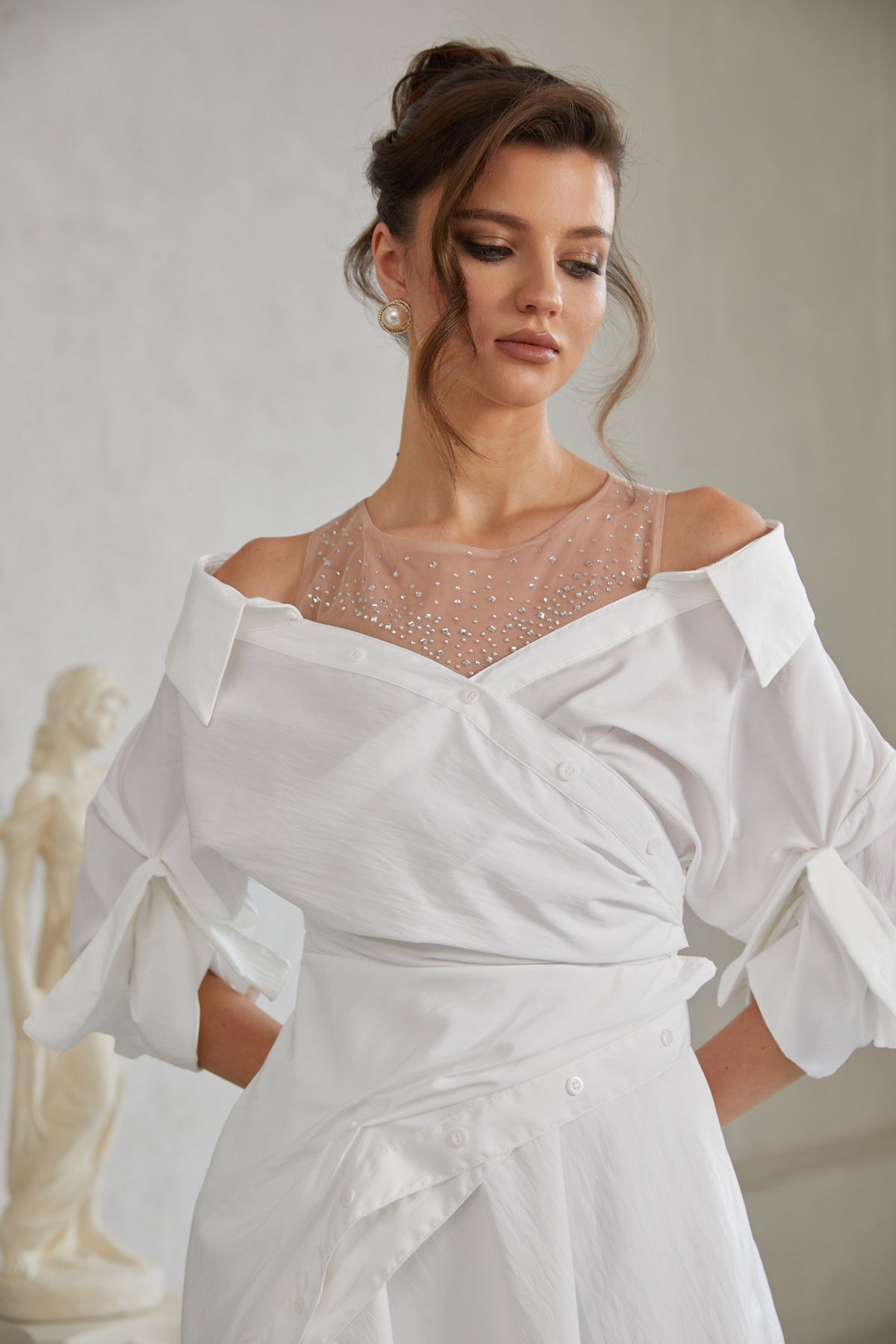 Jamie White Asymmetrical Gathered Mini Shirt Dress (Final Sale)