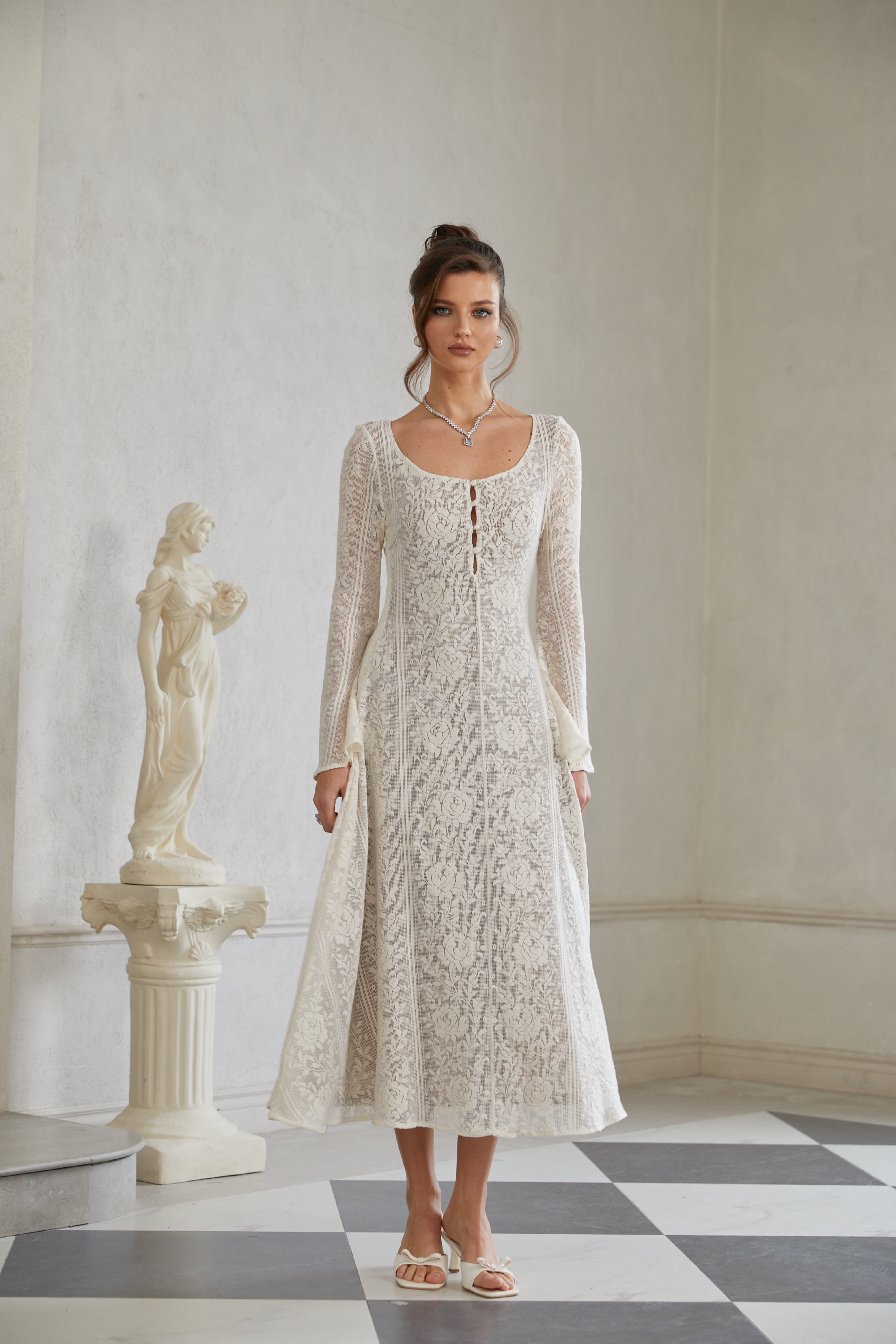 Céline White Flared Crochet Knit Midi Dress