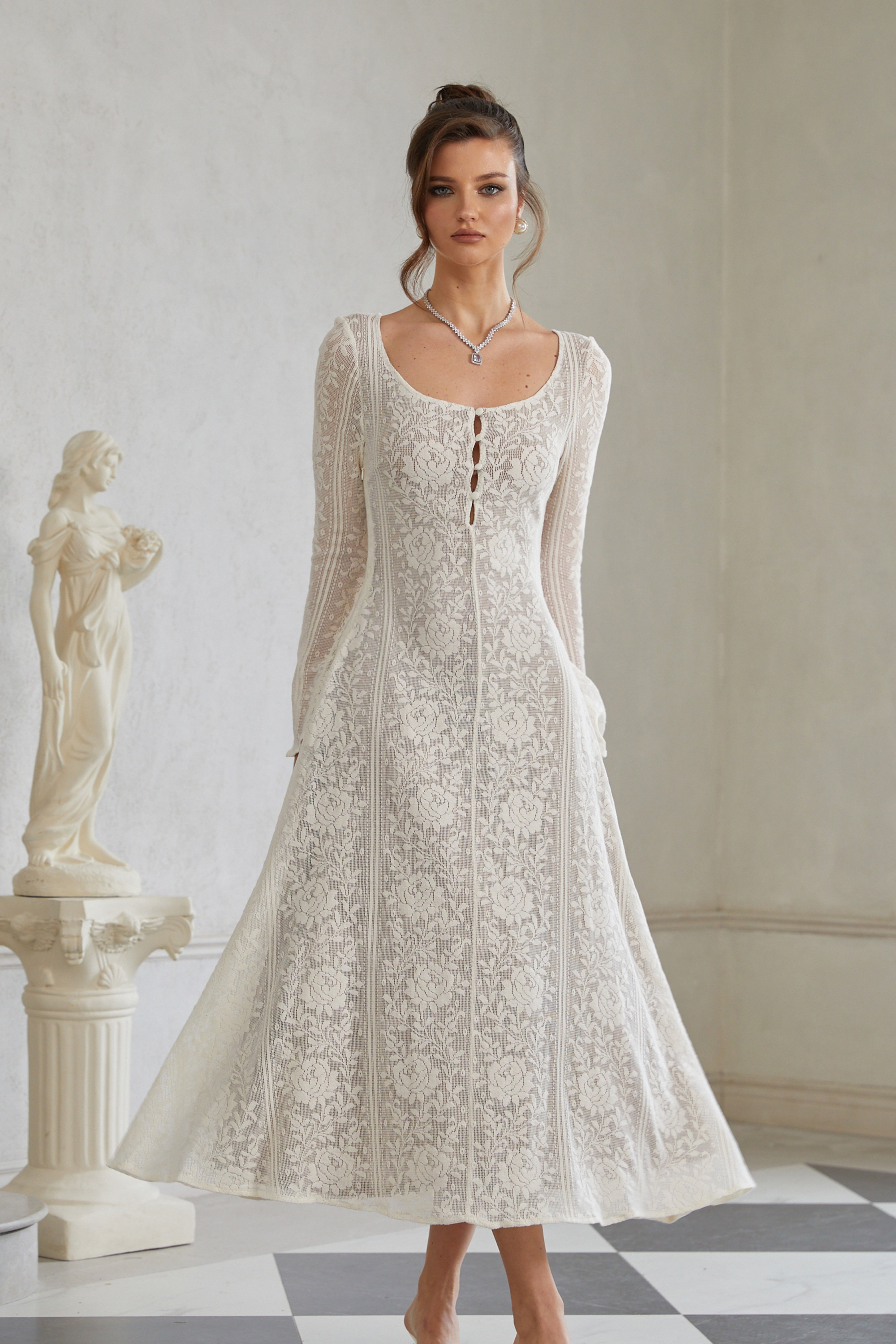 Céline White Flared Crochet Knit Midi Dress