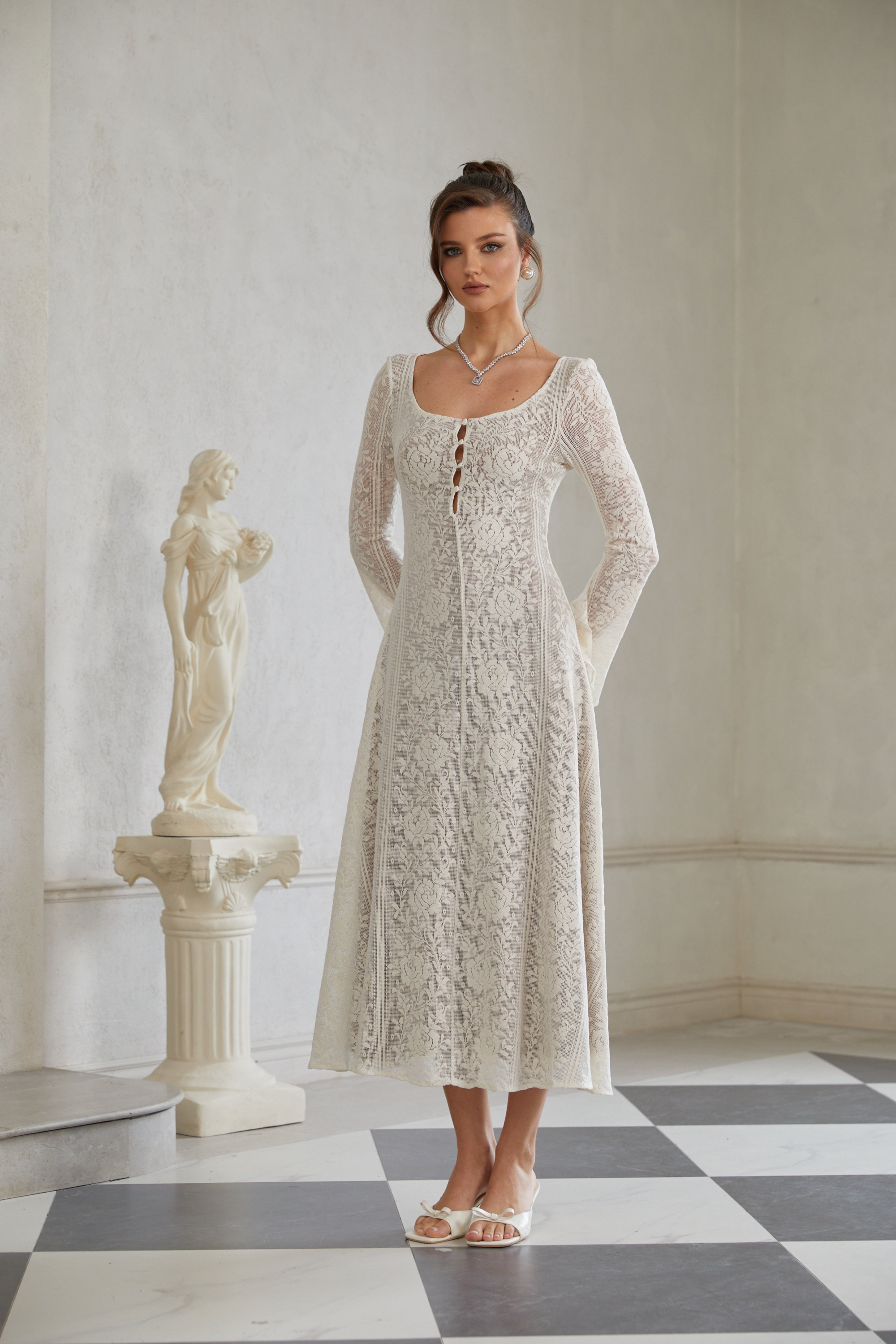 Céline White Flared Crochet Knit Midi Dress