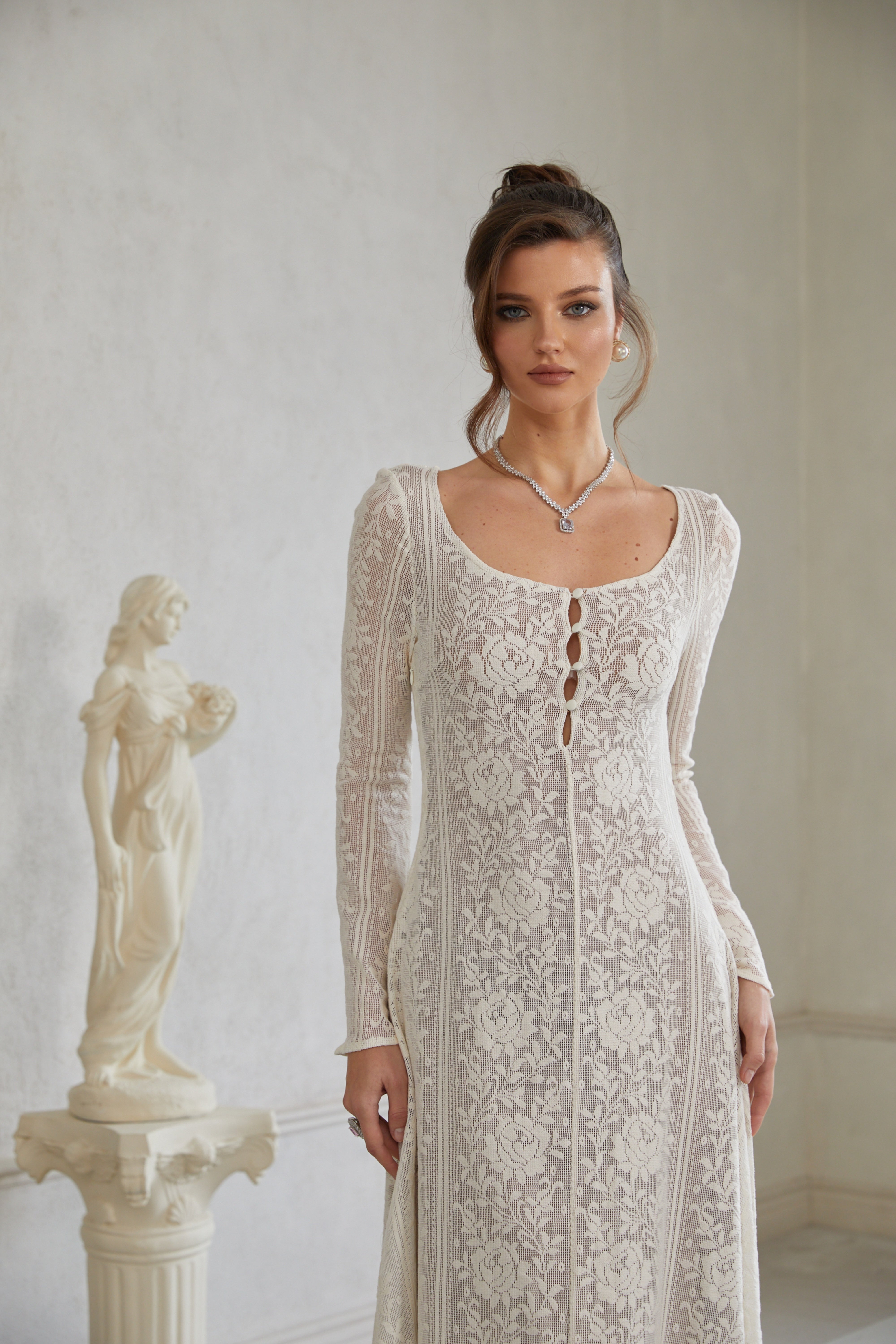 Céline White Flared Crochet Knit Midi Dress