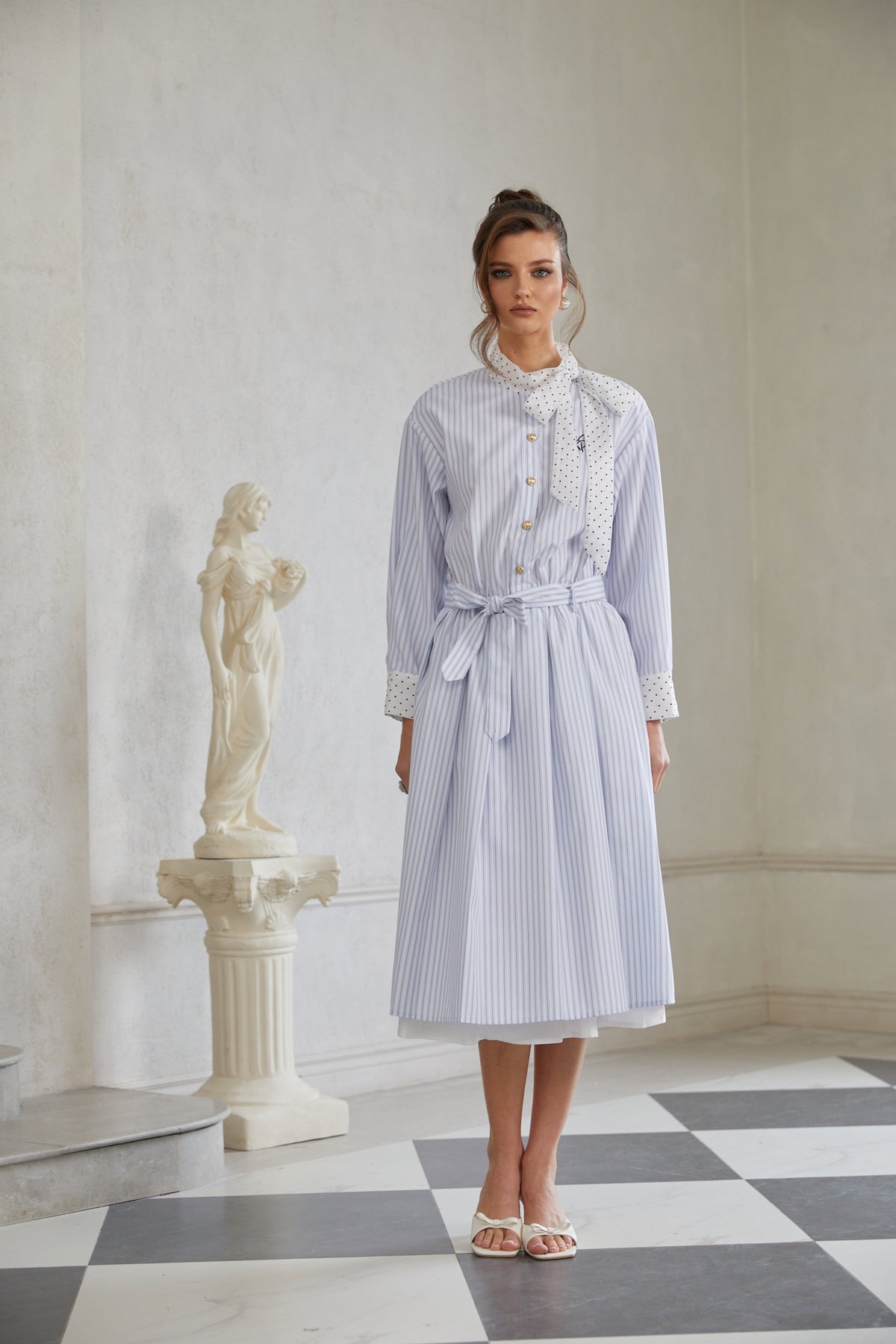 Poppy Blue Self-Tie Striped Midi Shirt Dress