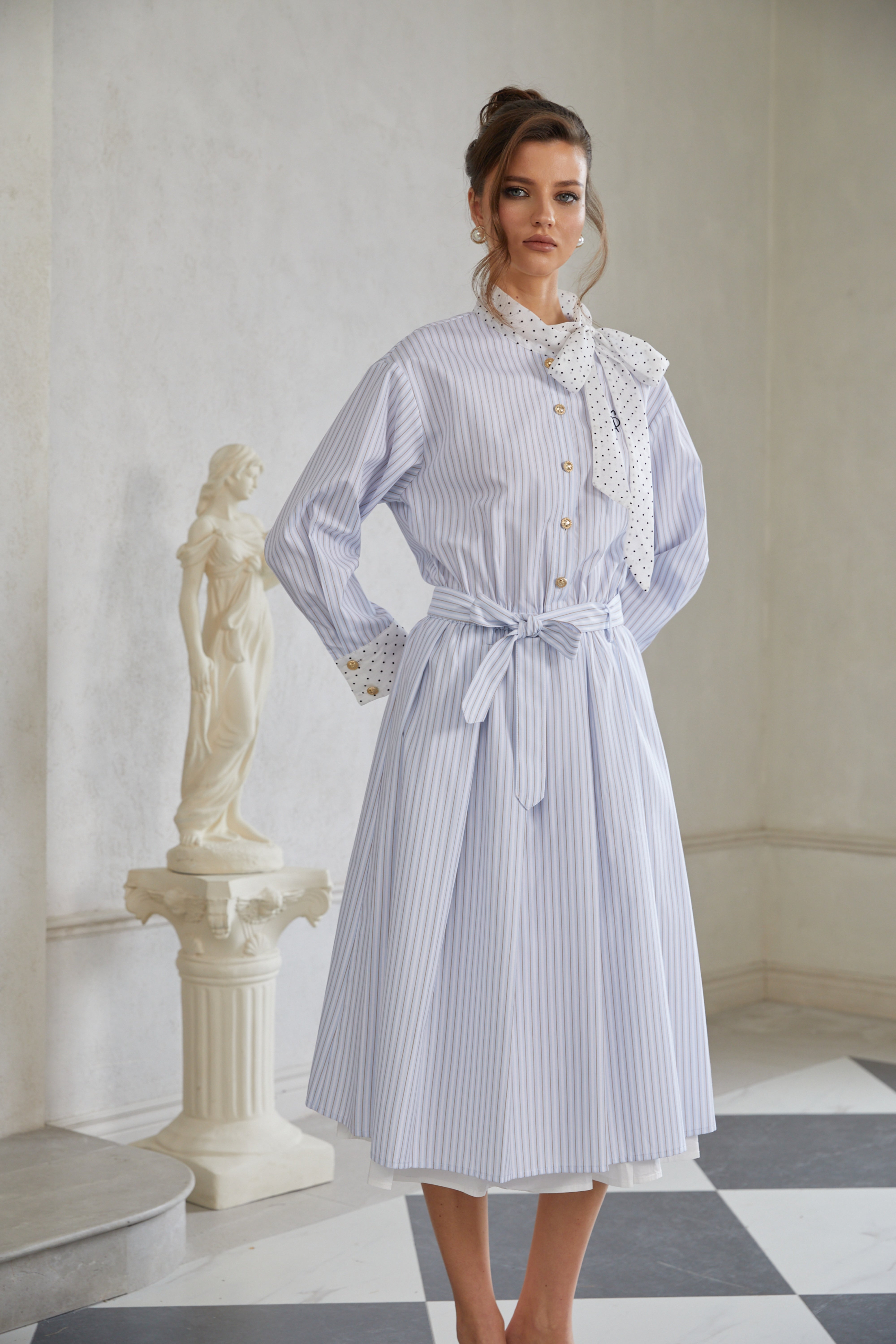 Poppy Blue Self-Tie Striped Midi Shirt Dress