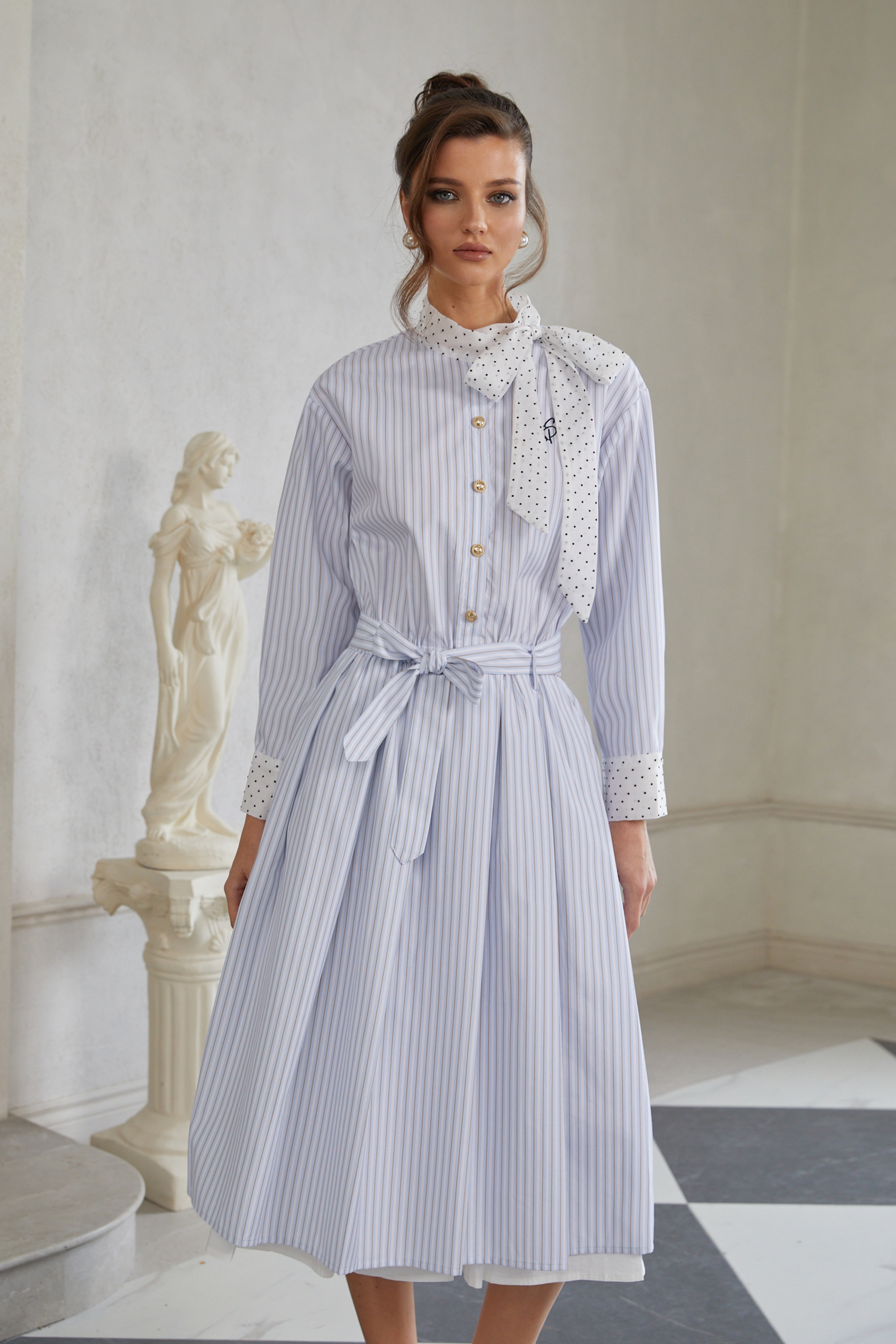 Poppy Blue Self-Tie Striped Midi Shirt Dress (Final Sale-US Only)