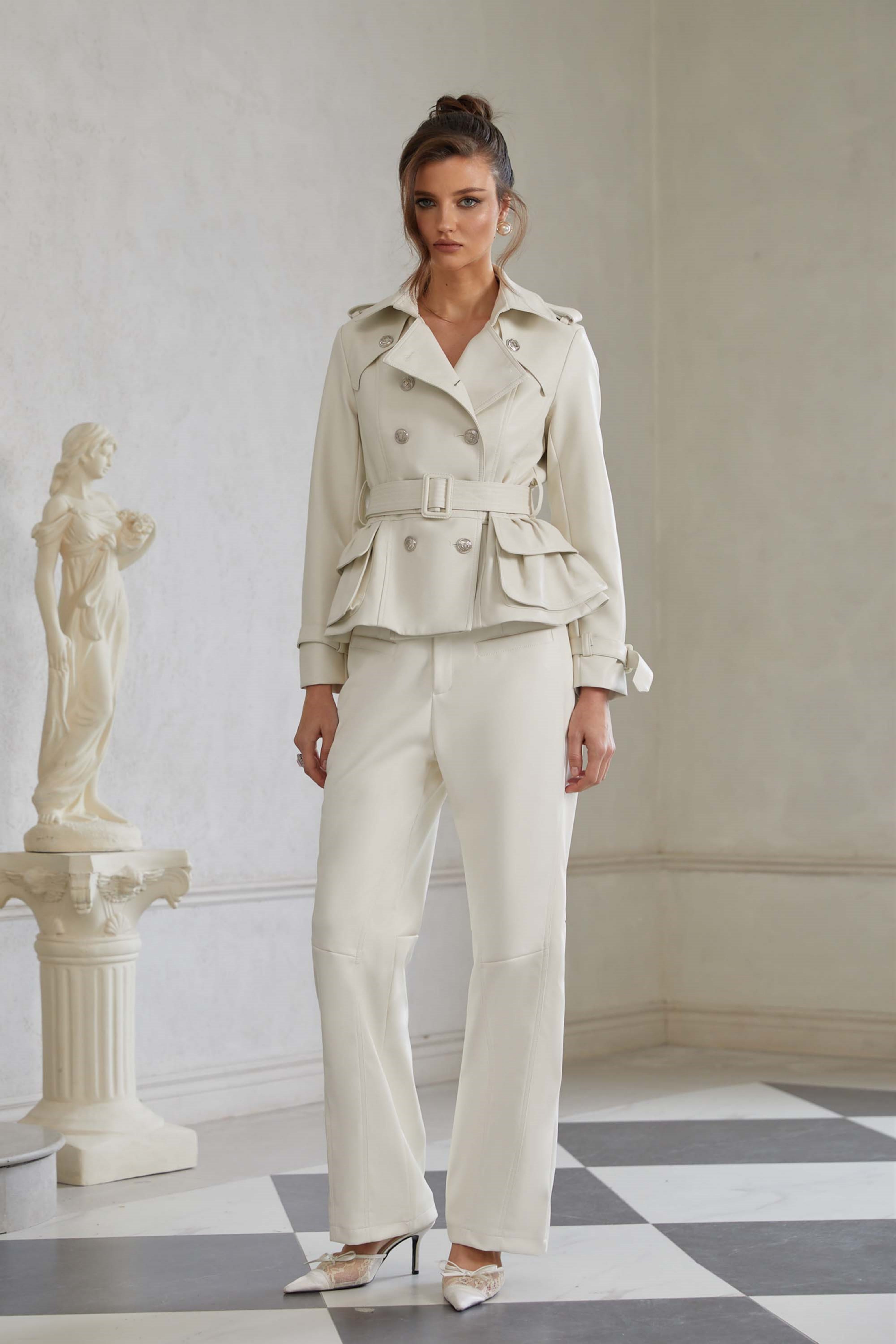 Melanie White Double-Breasted Leather Biker Jacket