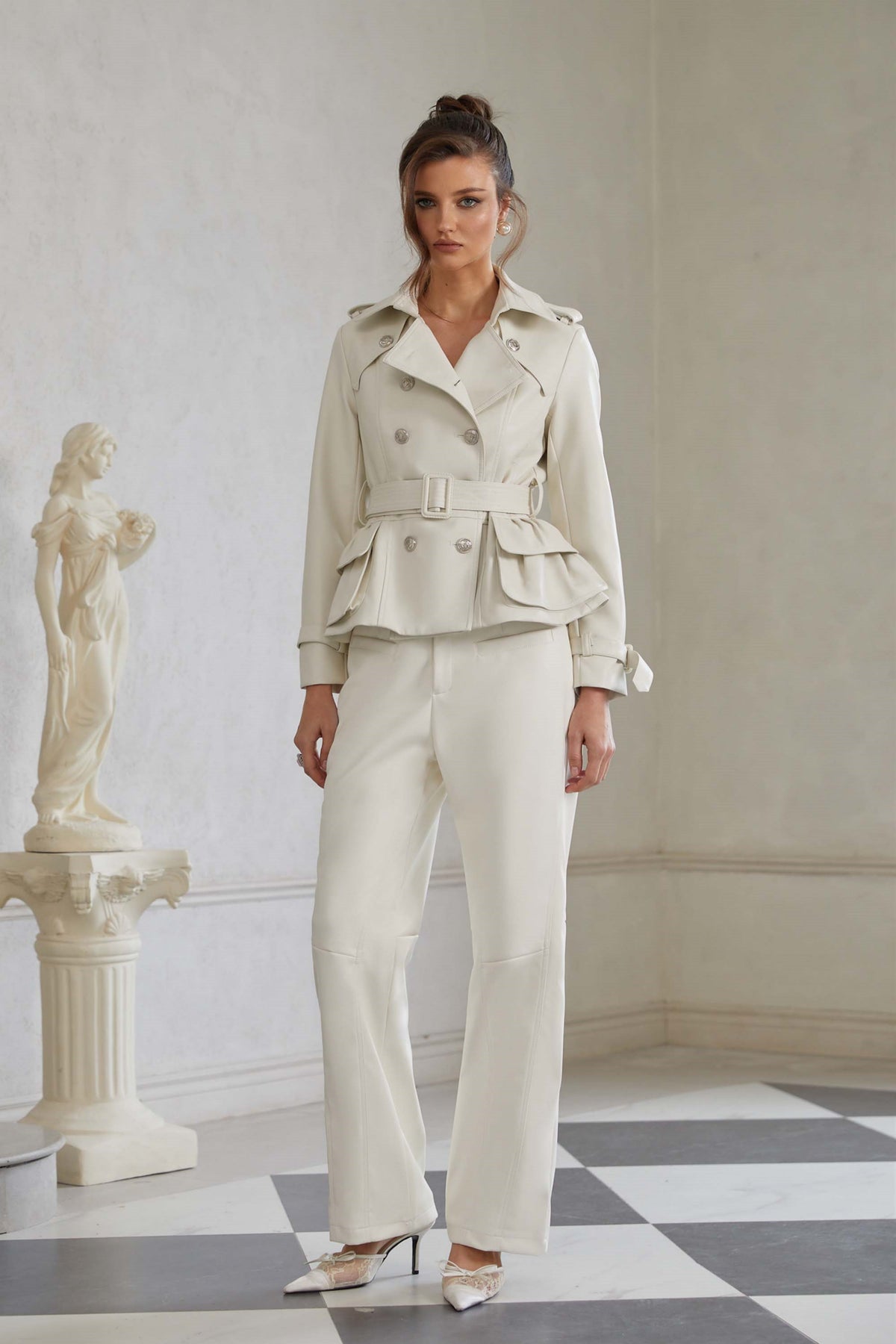 Melanie White Double-Breasted Leather Biker Jacket