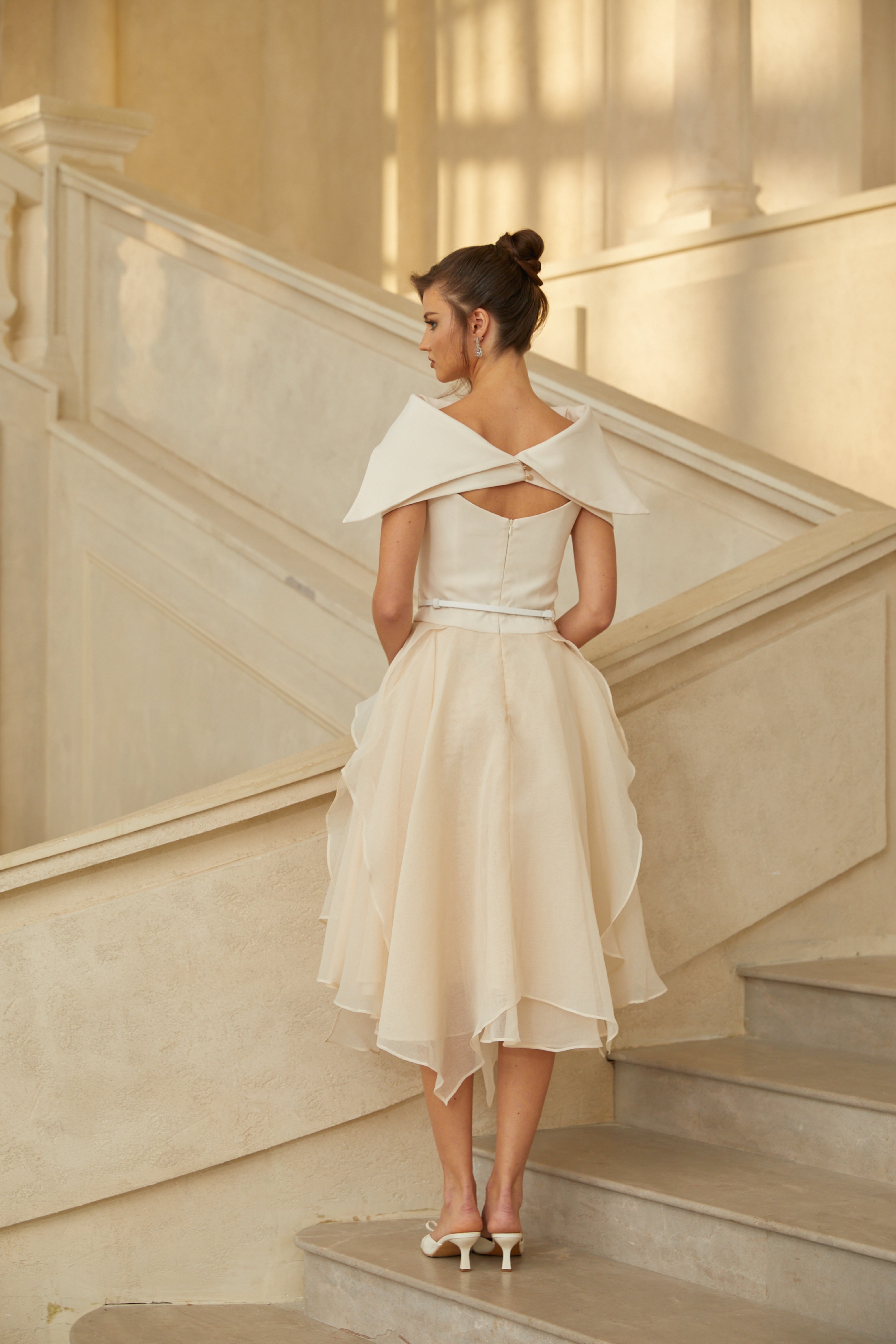 Aria White Asymmetrical Shawl & Tulle Panel Dress Set