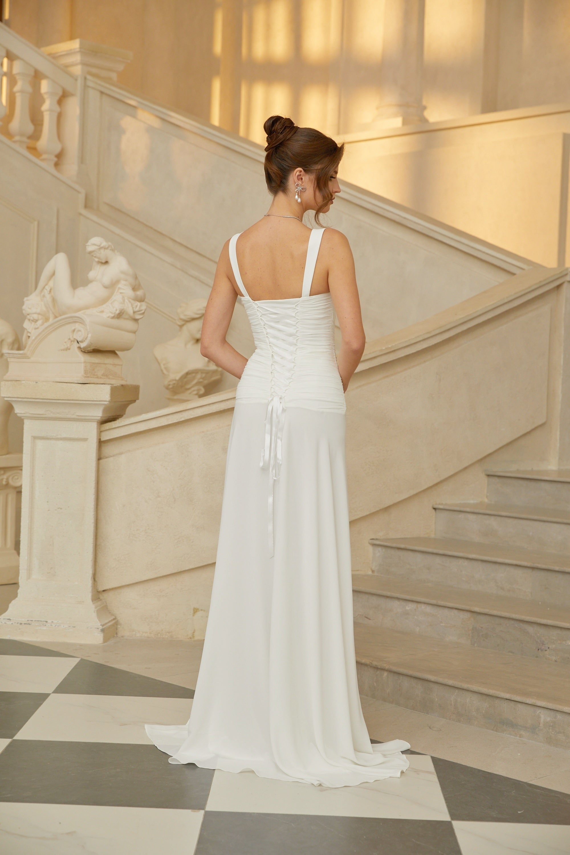 Sidonie White Ruched Lace-up Maxi Dress