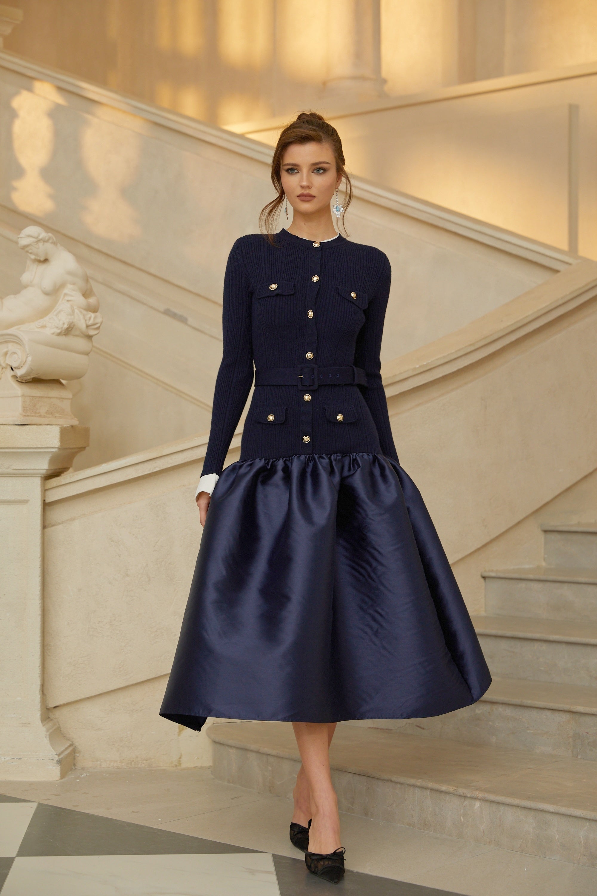 Fern Navy Blue Satin Panel Knit Midi Dress