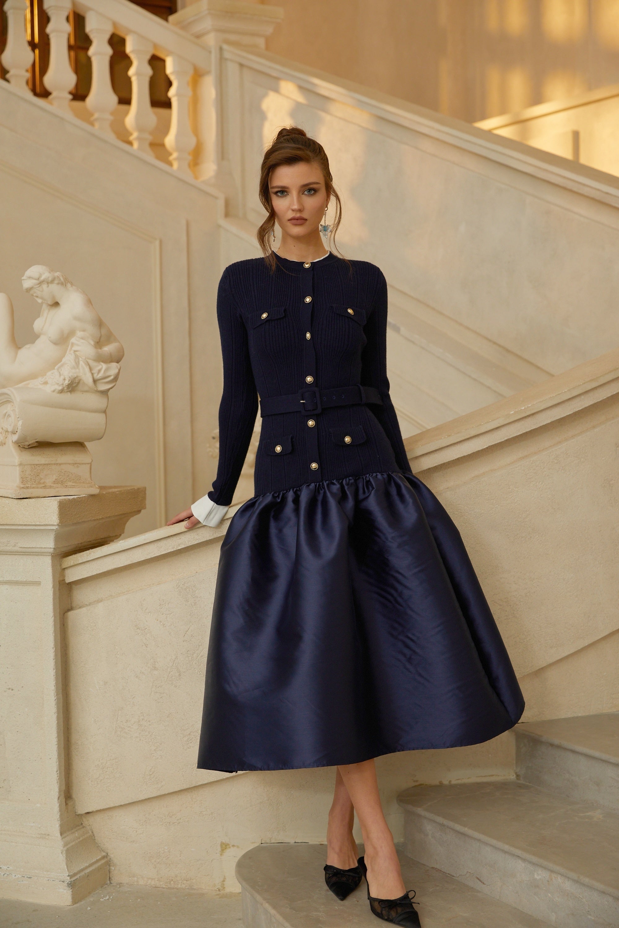 Fern Navy Blue Satin Panel Knit Midi Dress (Final Sale)