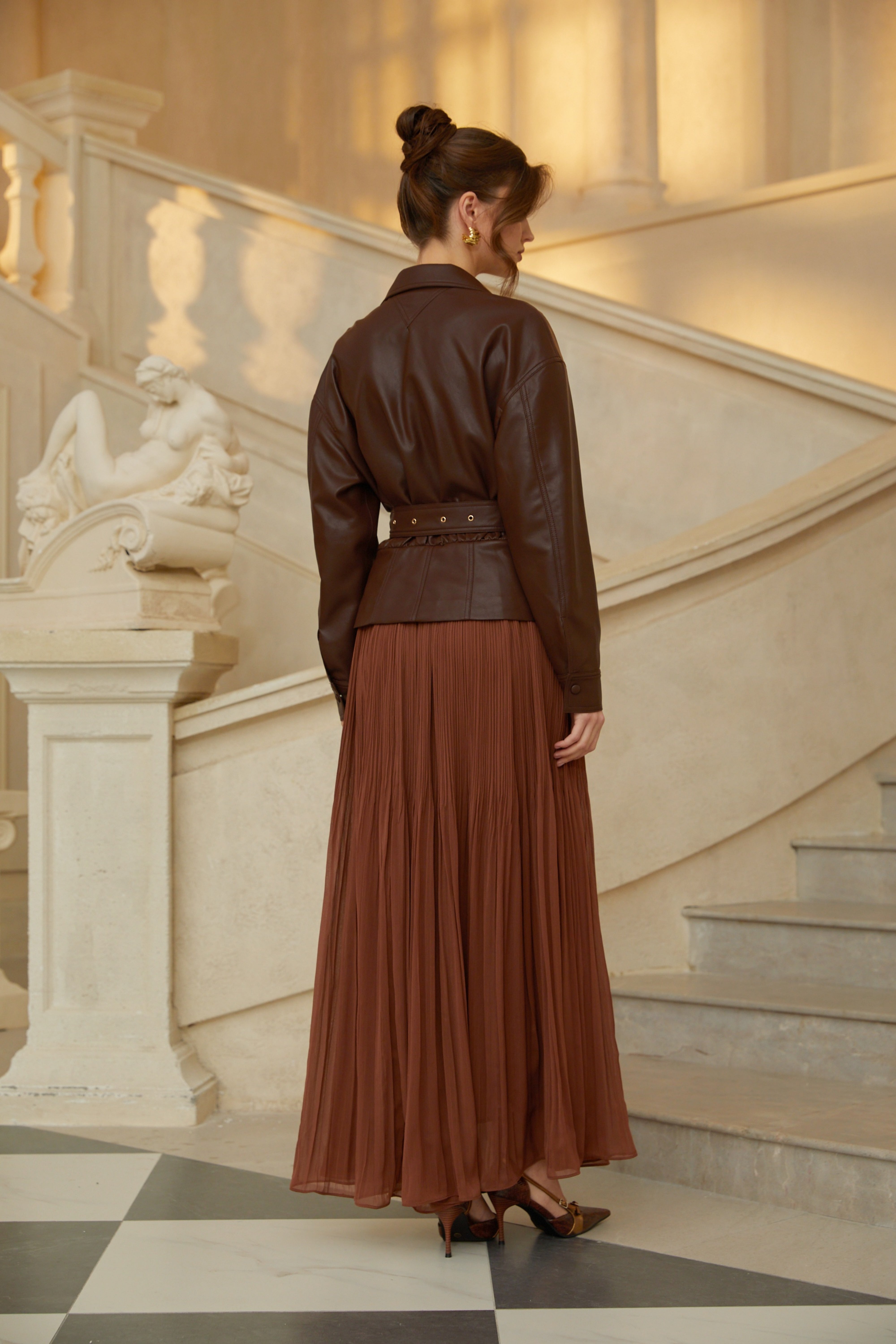 Hulda Brown Leather Jacket & Pleated Skirt Set