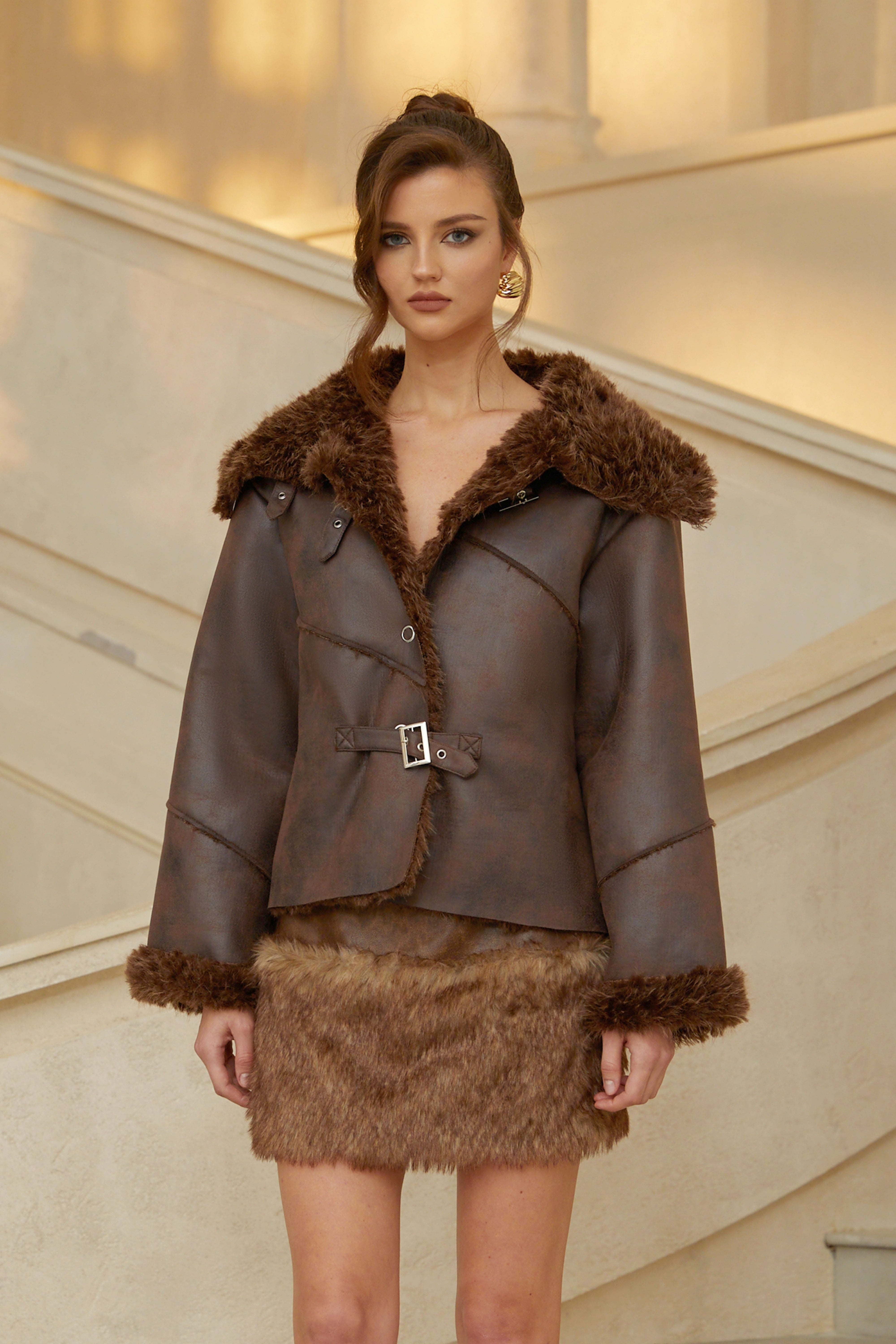 Nele Brown Fur Panel Leather Biker Jacket