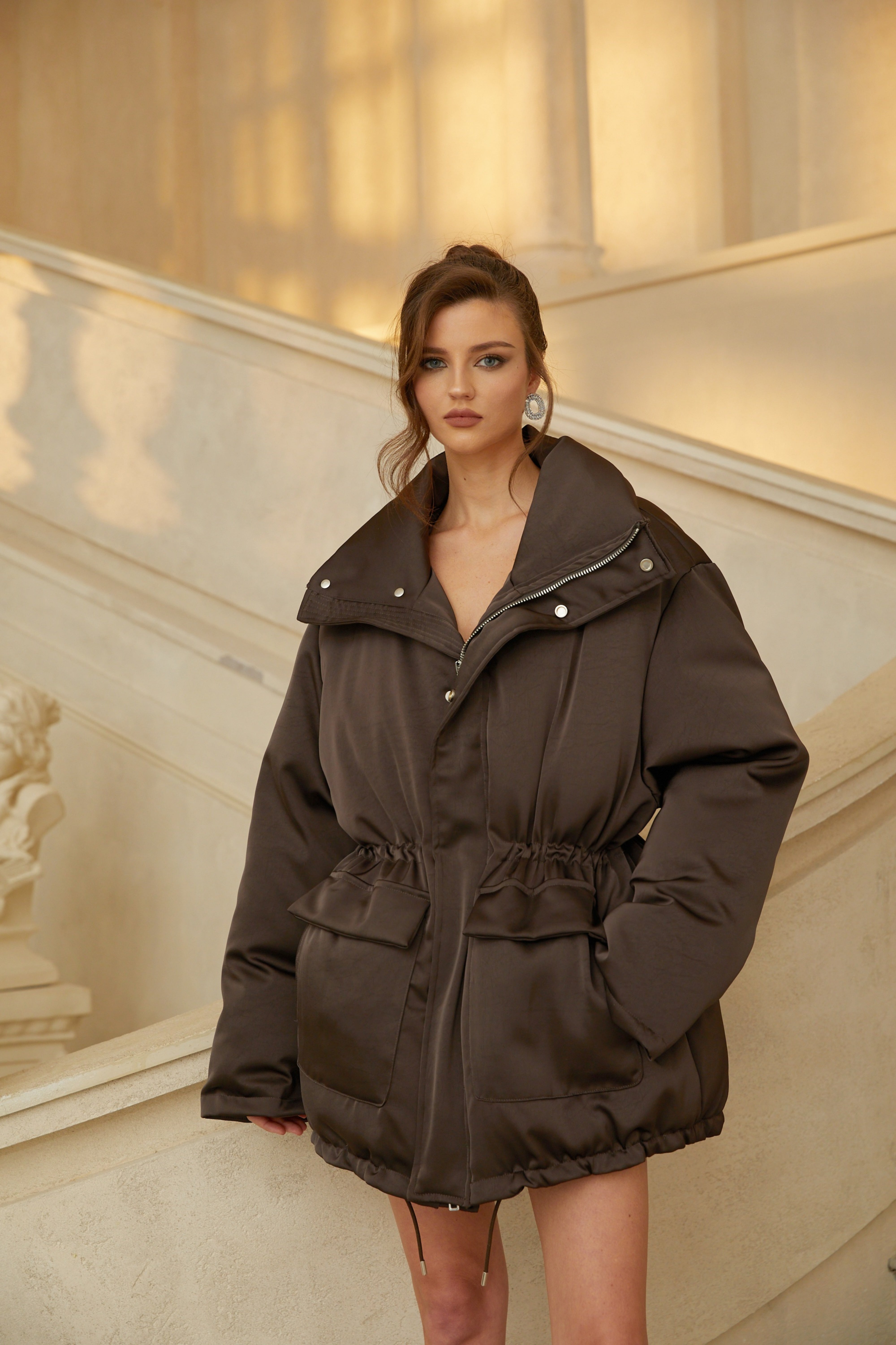 Freya Brown Cinched Waist Puffer Jacket