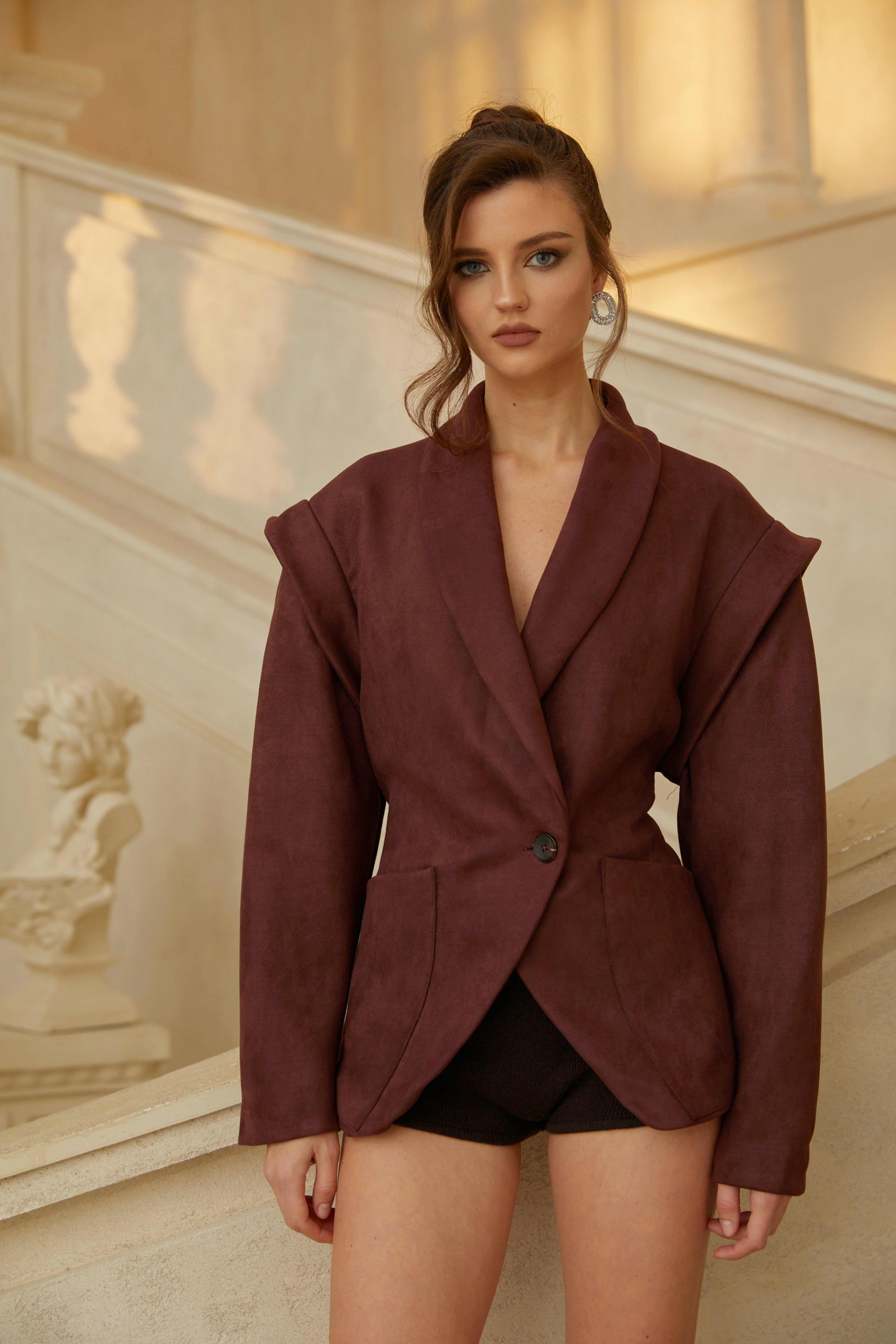 Alba Brown Shawl Lapel Suede Jacket