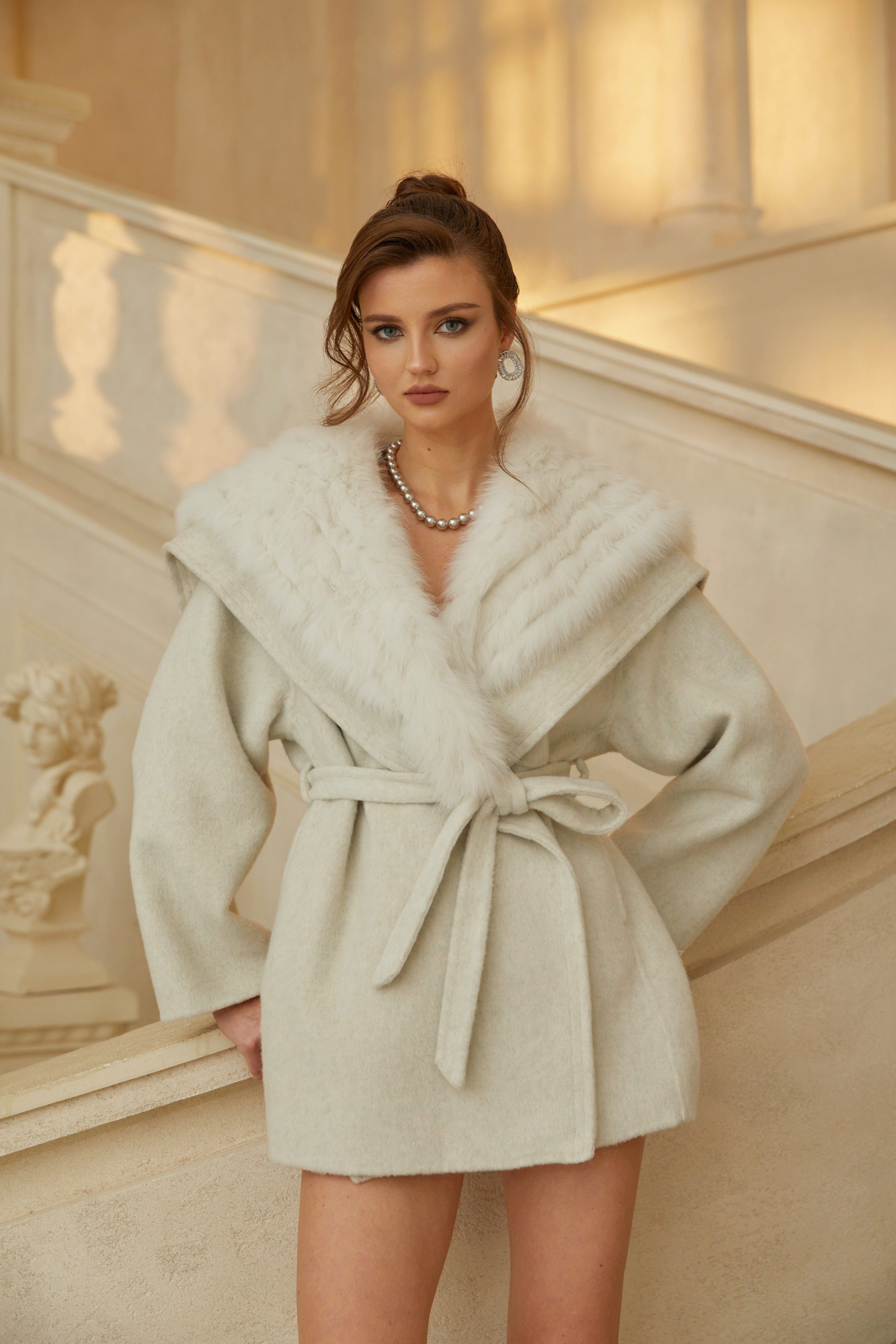 Louise Grey Fur Trim Wrap Wool Coat