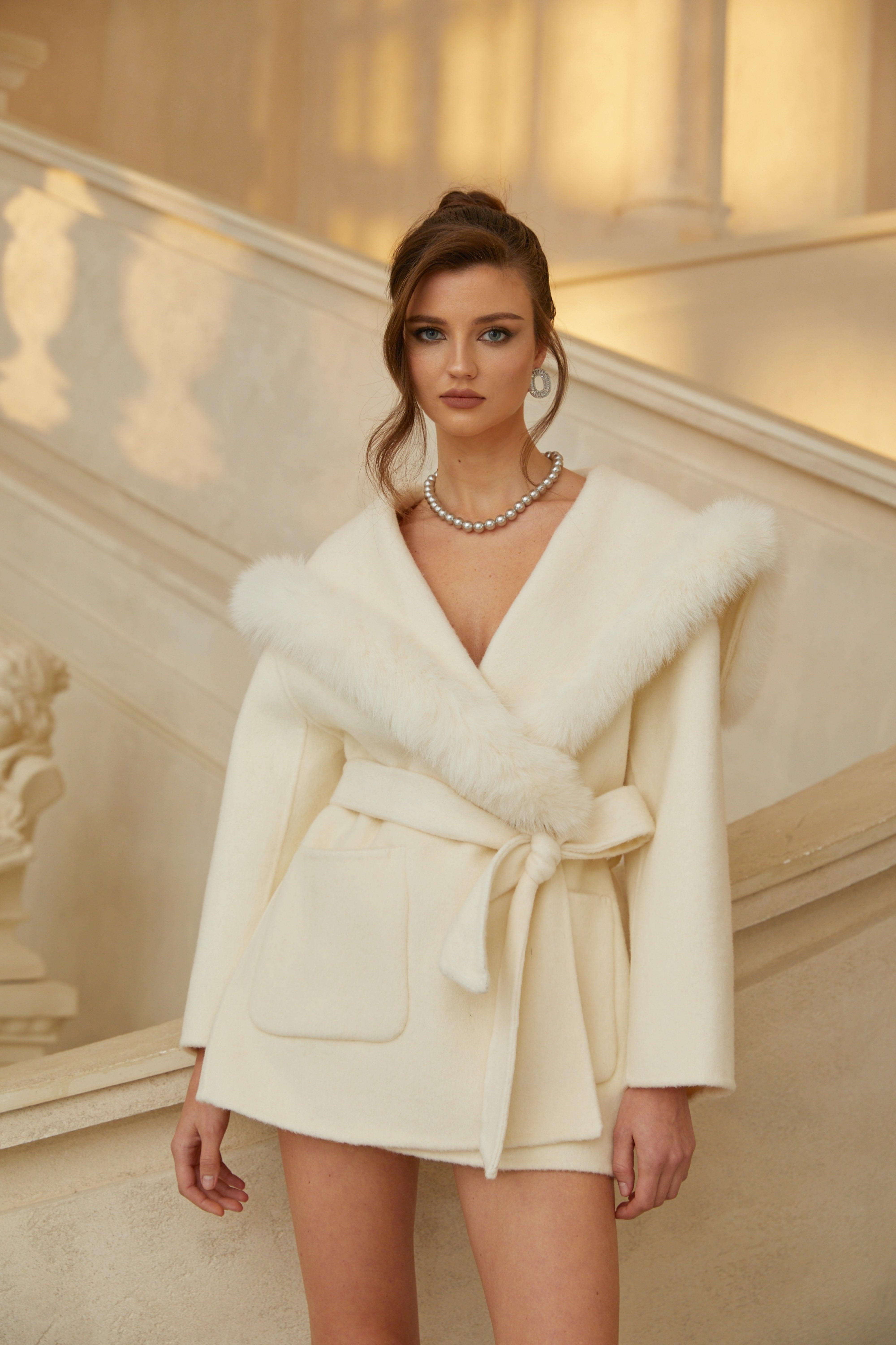 Fallon Off White Fur Trim Wool Coat