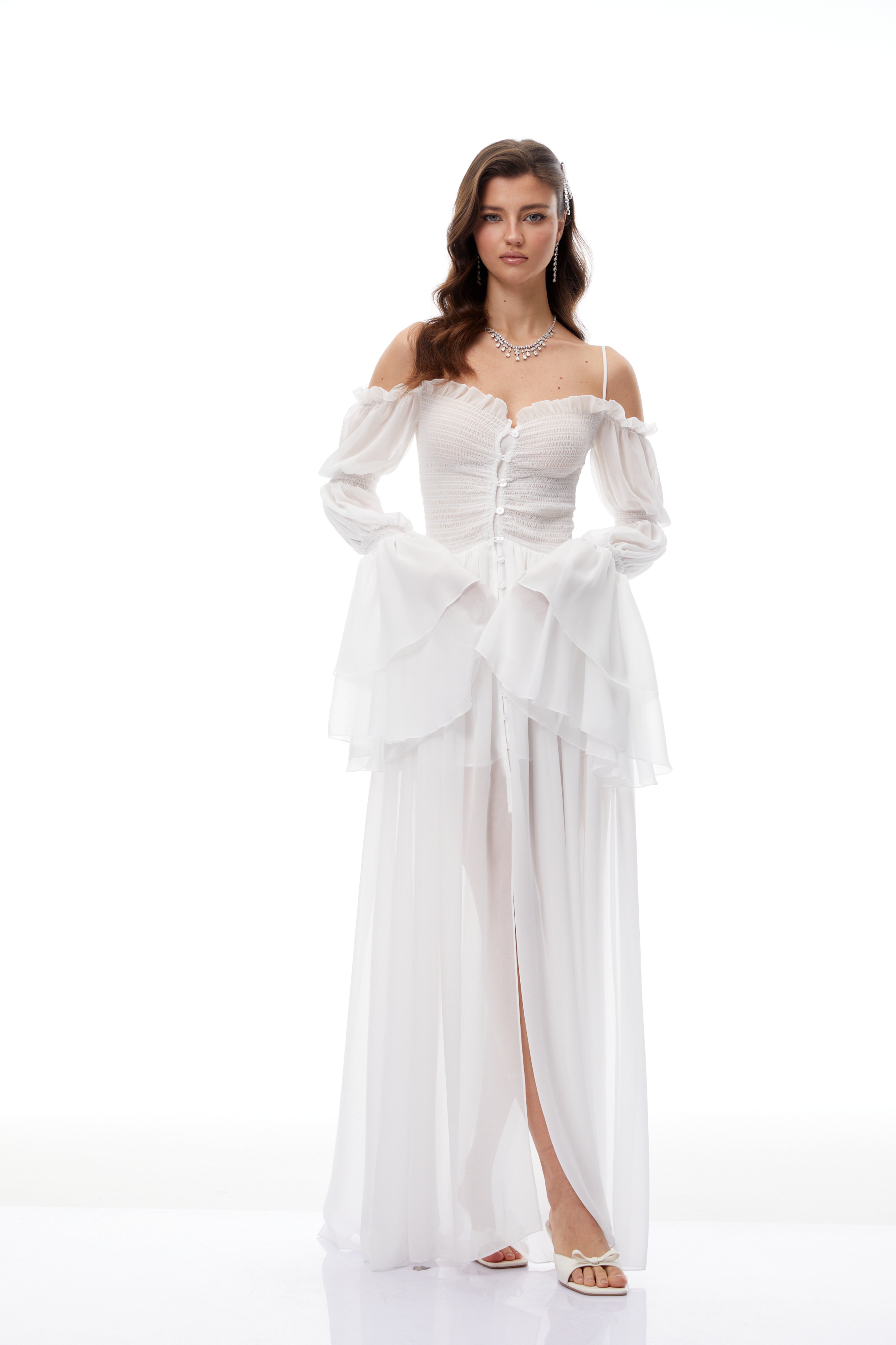 Stefania White Smocked Shirred Chiffon Maxi Dress