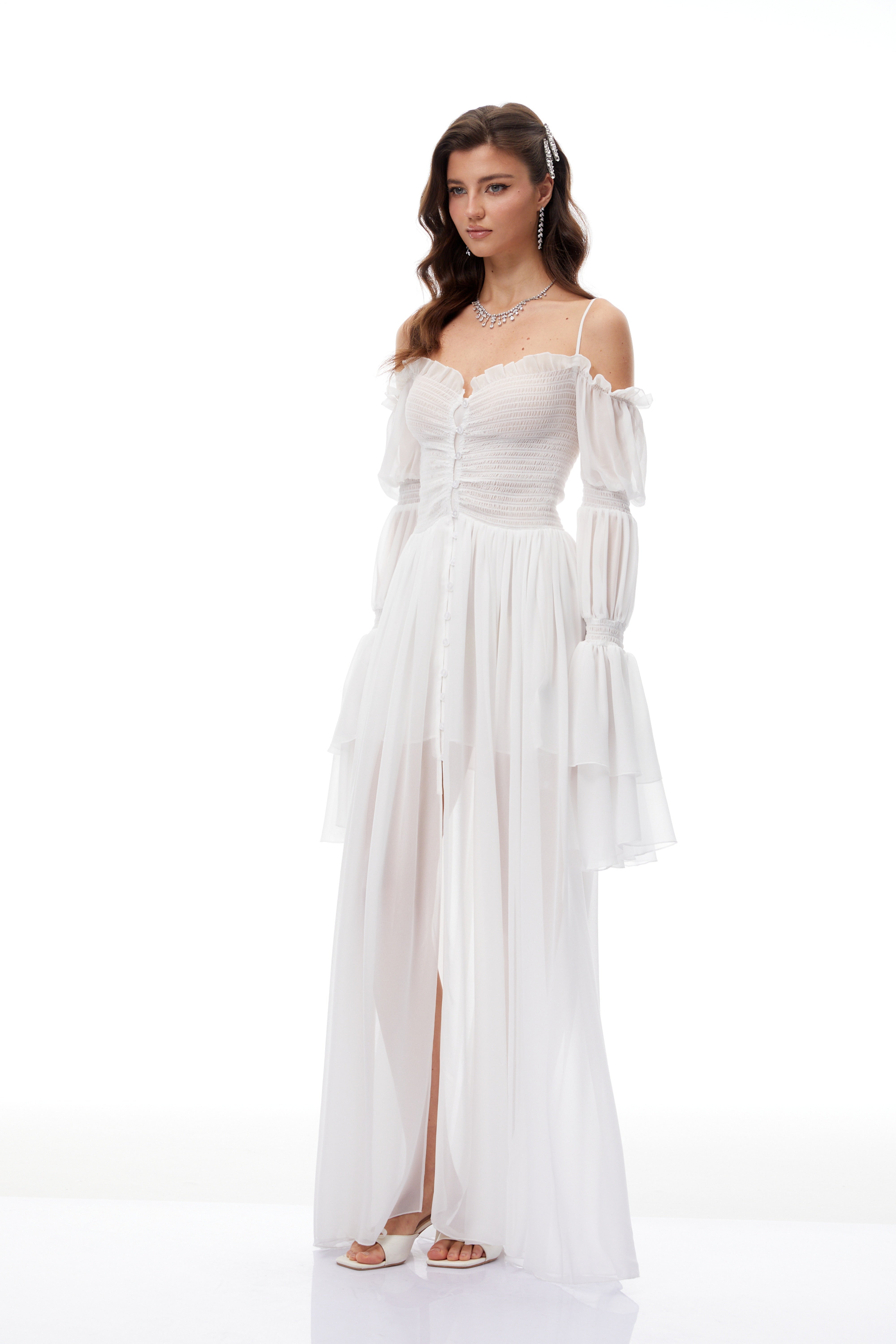 Stefania White Smocked Shirred Chiffon Maxi Dress