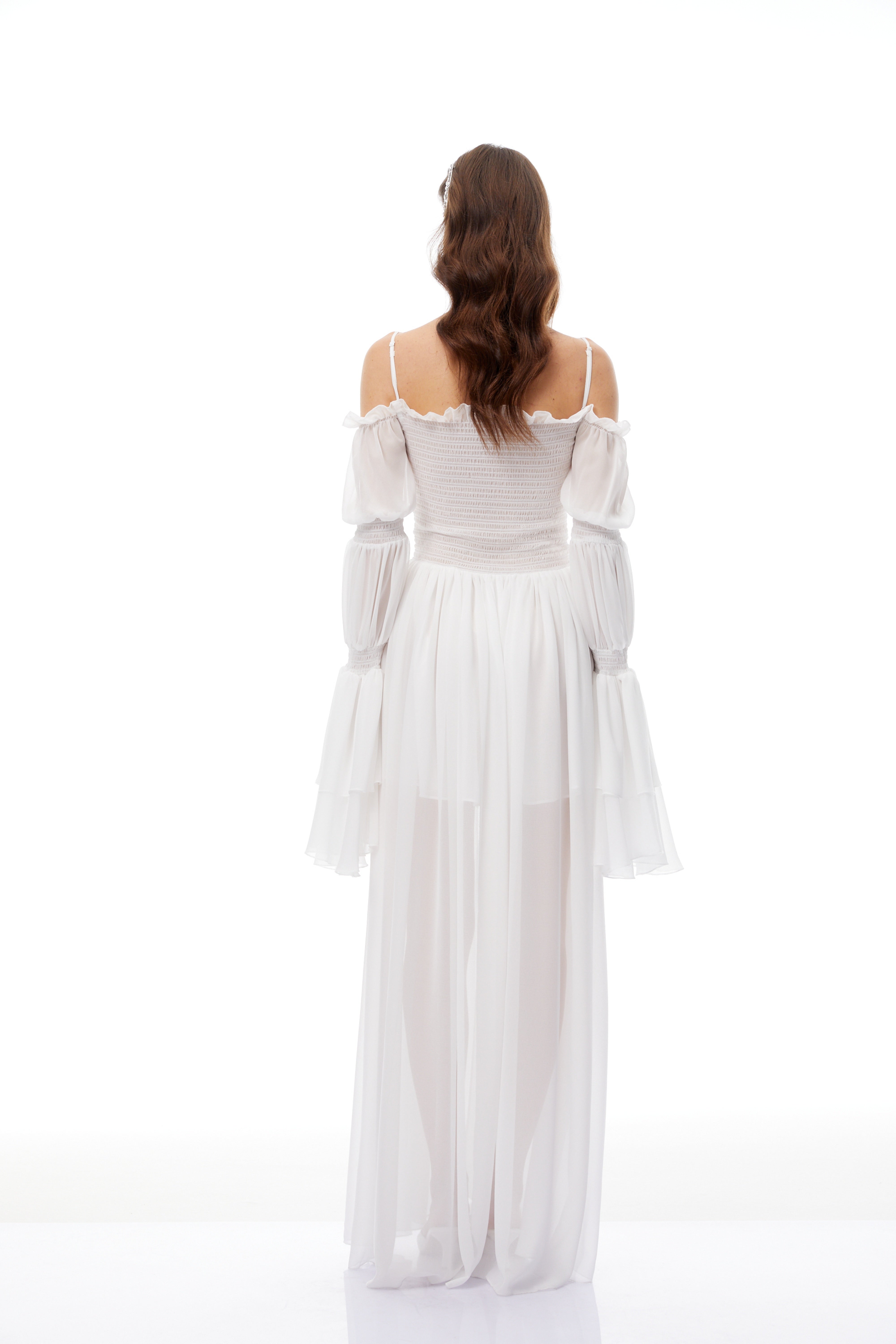 Stefania White Smocked Shirred Chiffon Maxi Dress