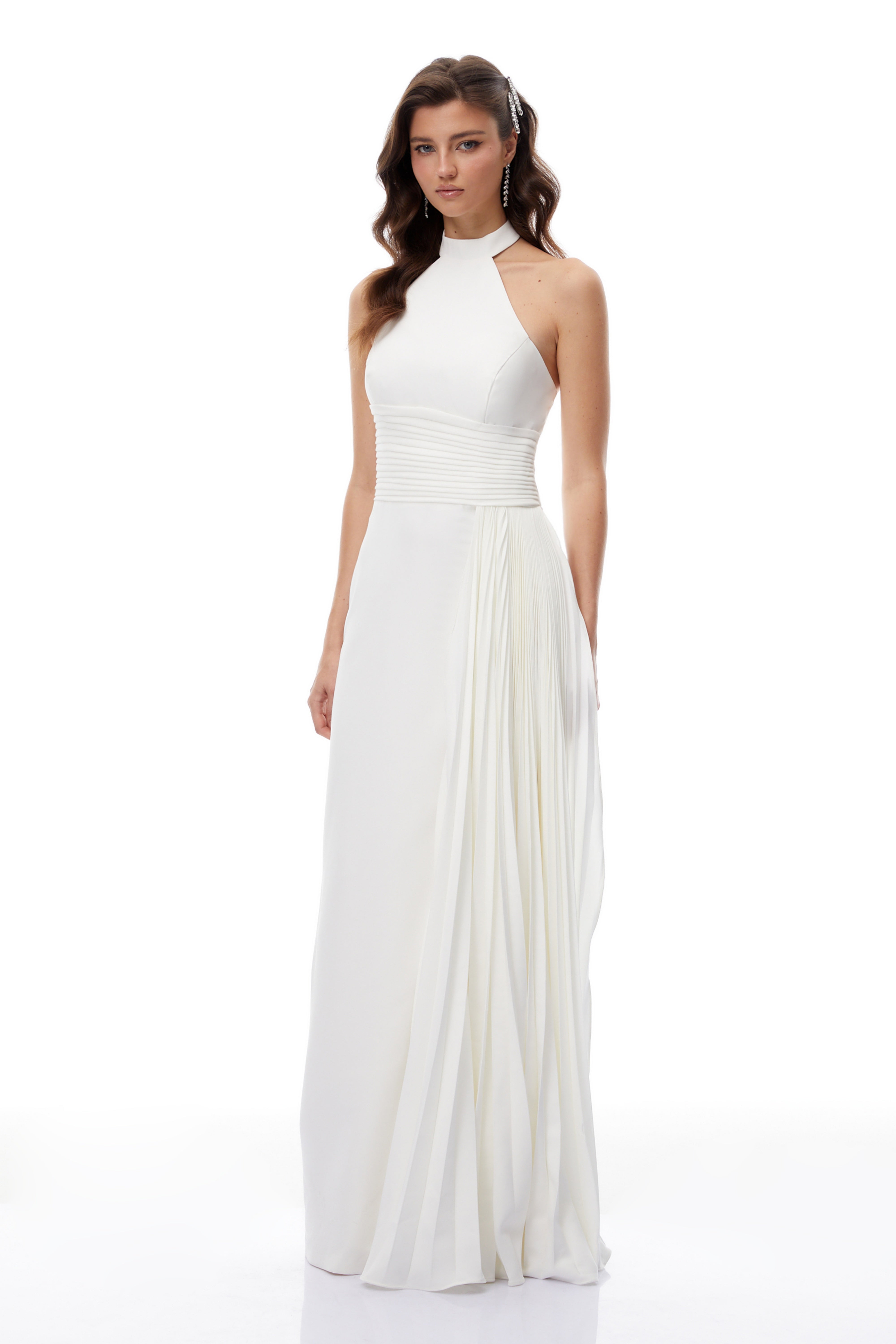 Lydia White Halterneck Asymmetrical Pleated Maxi Dress