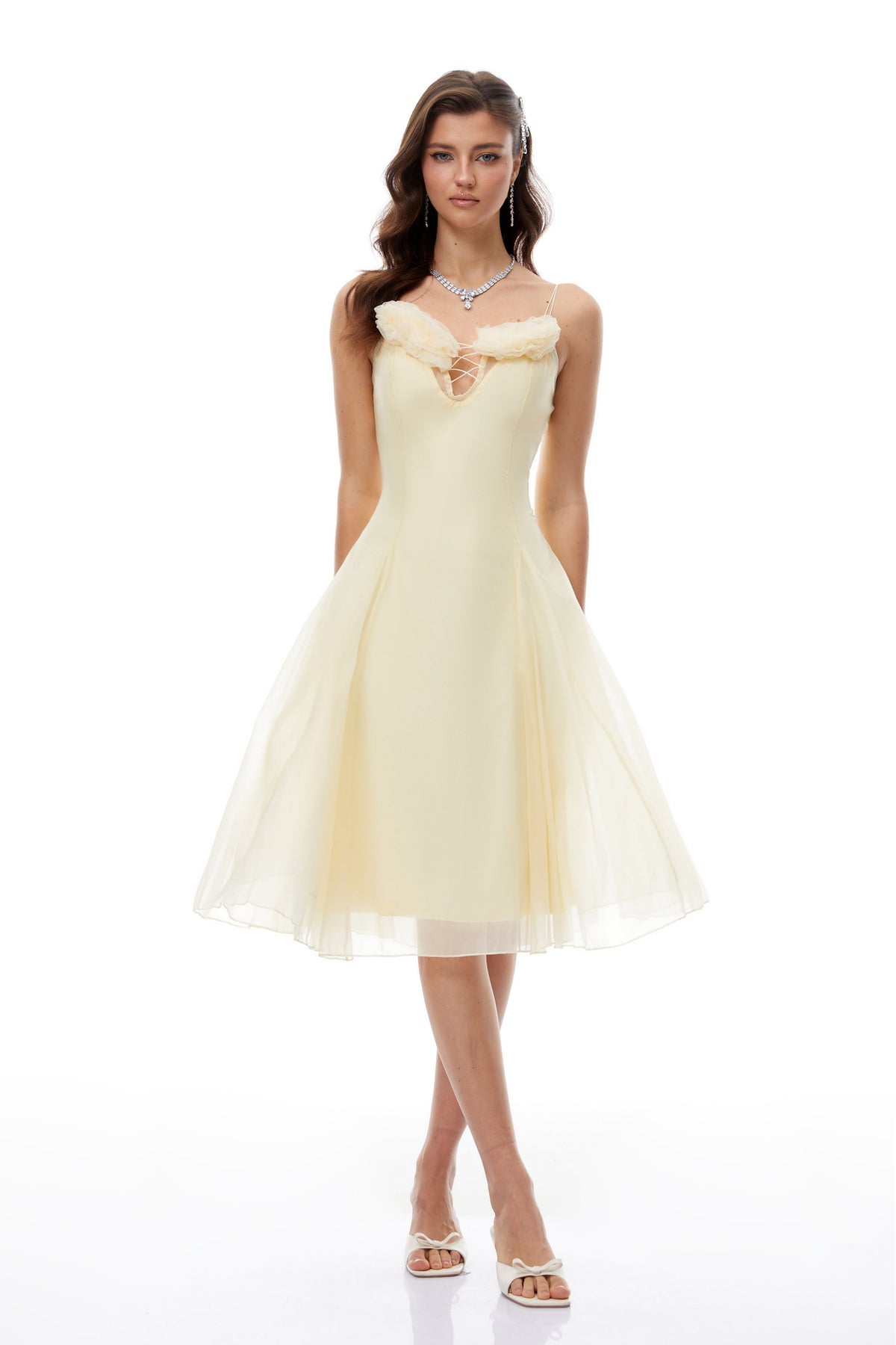 Mathias Yellow Floral Appliqué Tulle Midi Dress