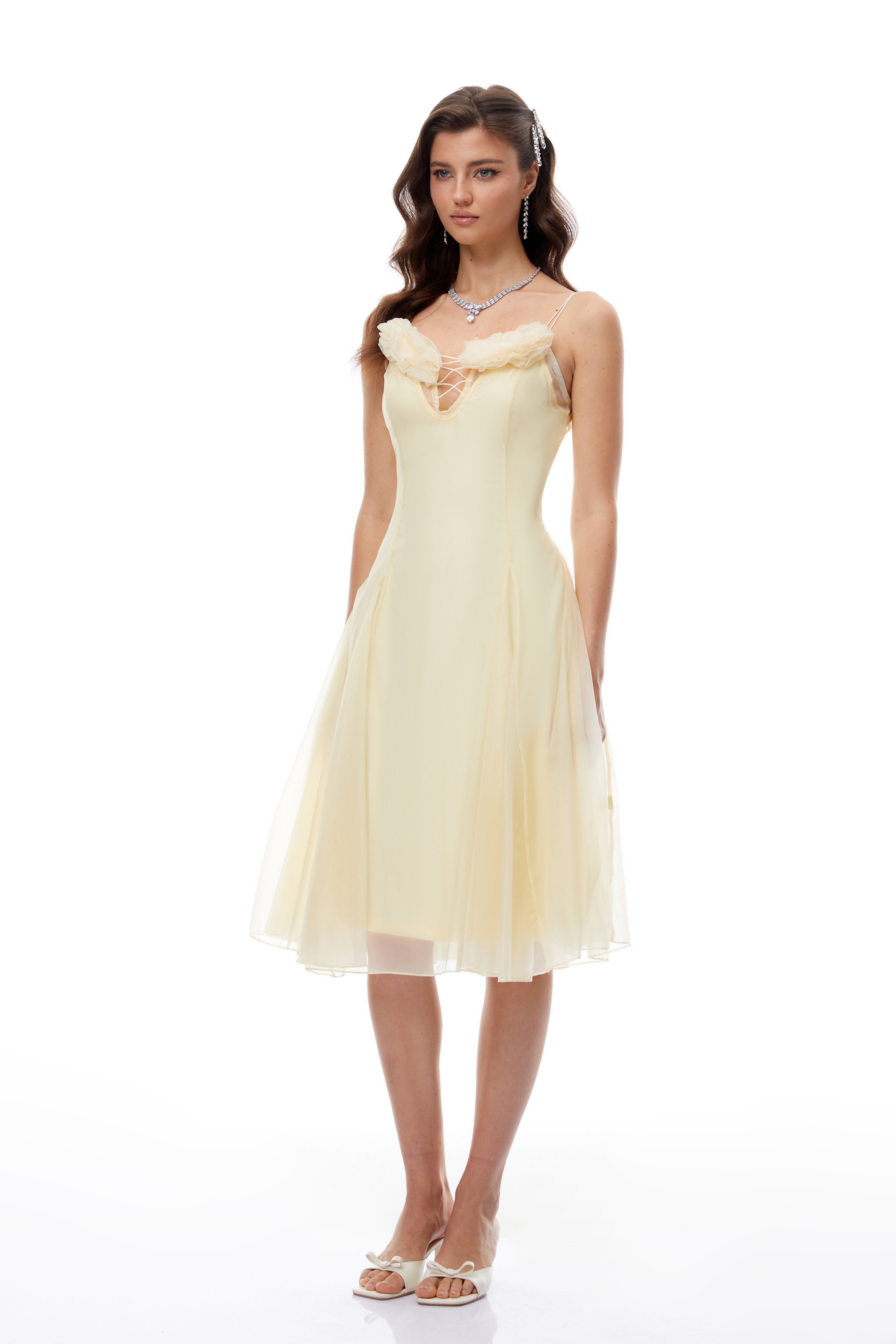 Mathias Yellow Floral Appliqué Tulle Midi Dress