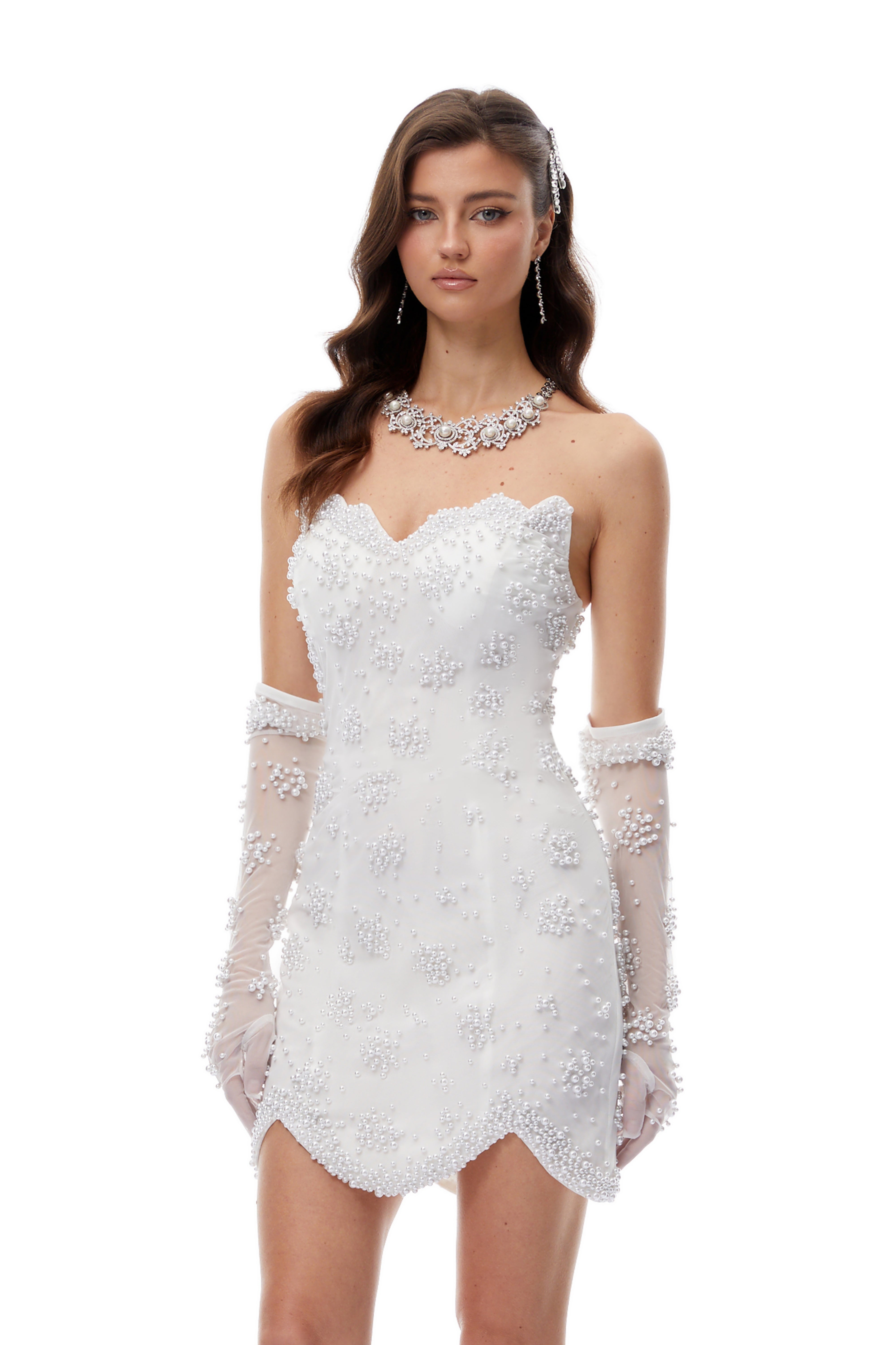 Xanthe White Strapless Pearl Embellished Mini Dress