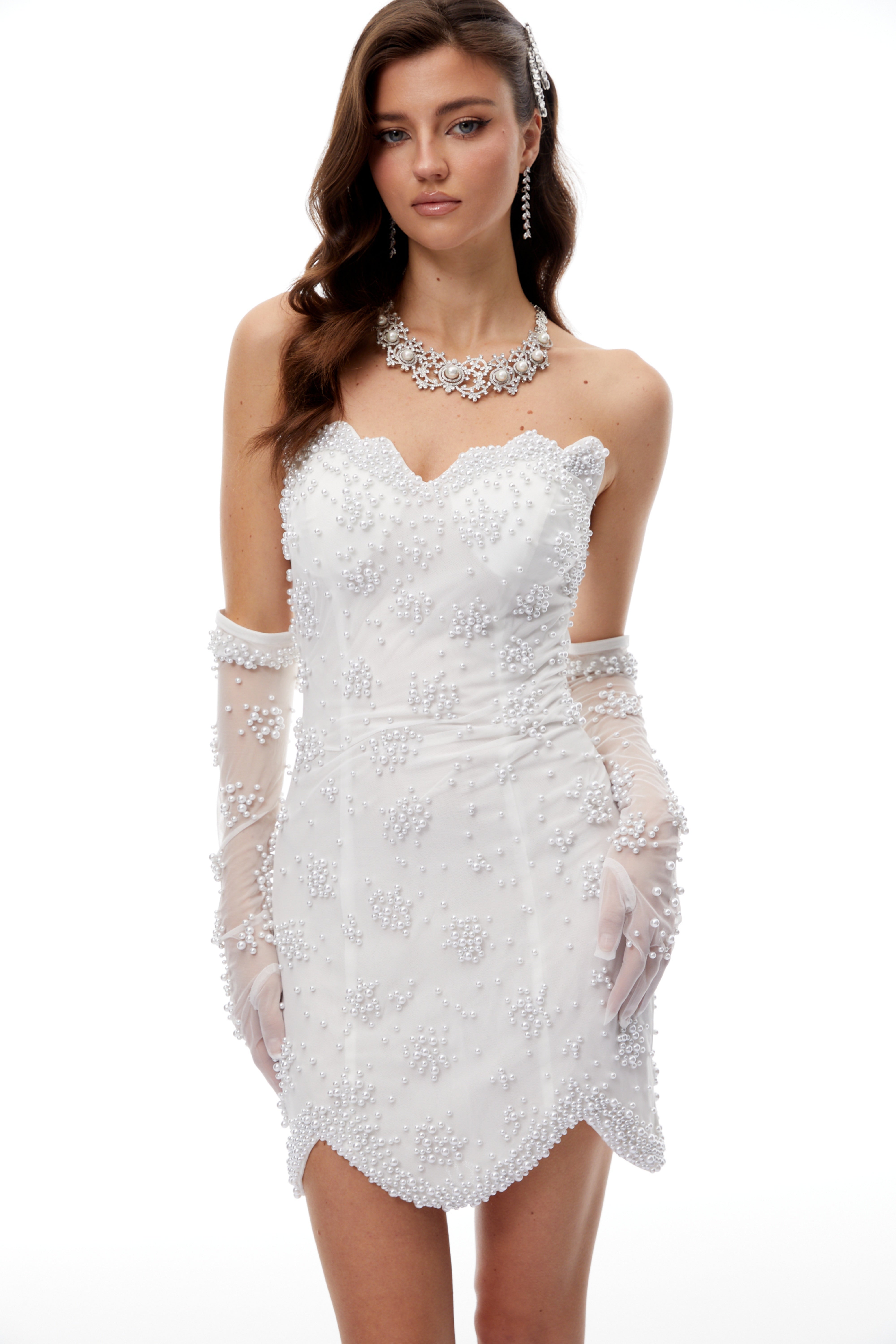 Xanthe White Strapless Pearl Embellished Mini Dress