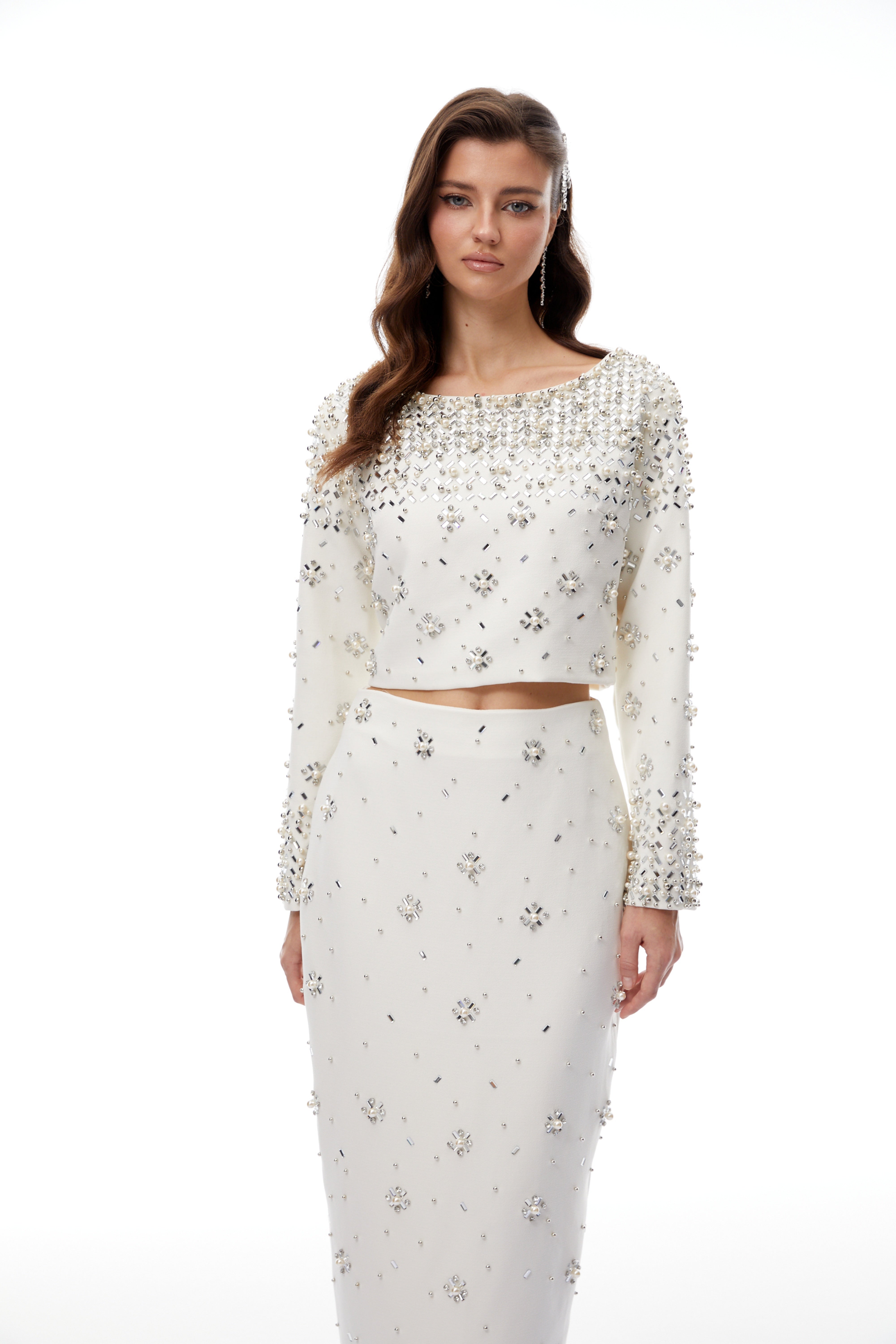 Denise White Fully Embellished Blouse & Skirt Set