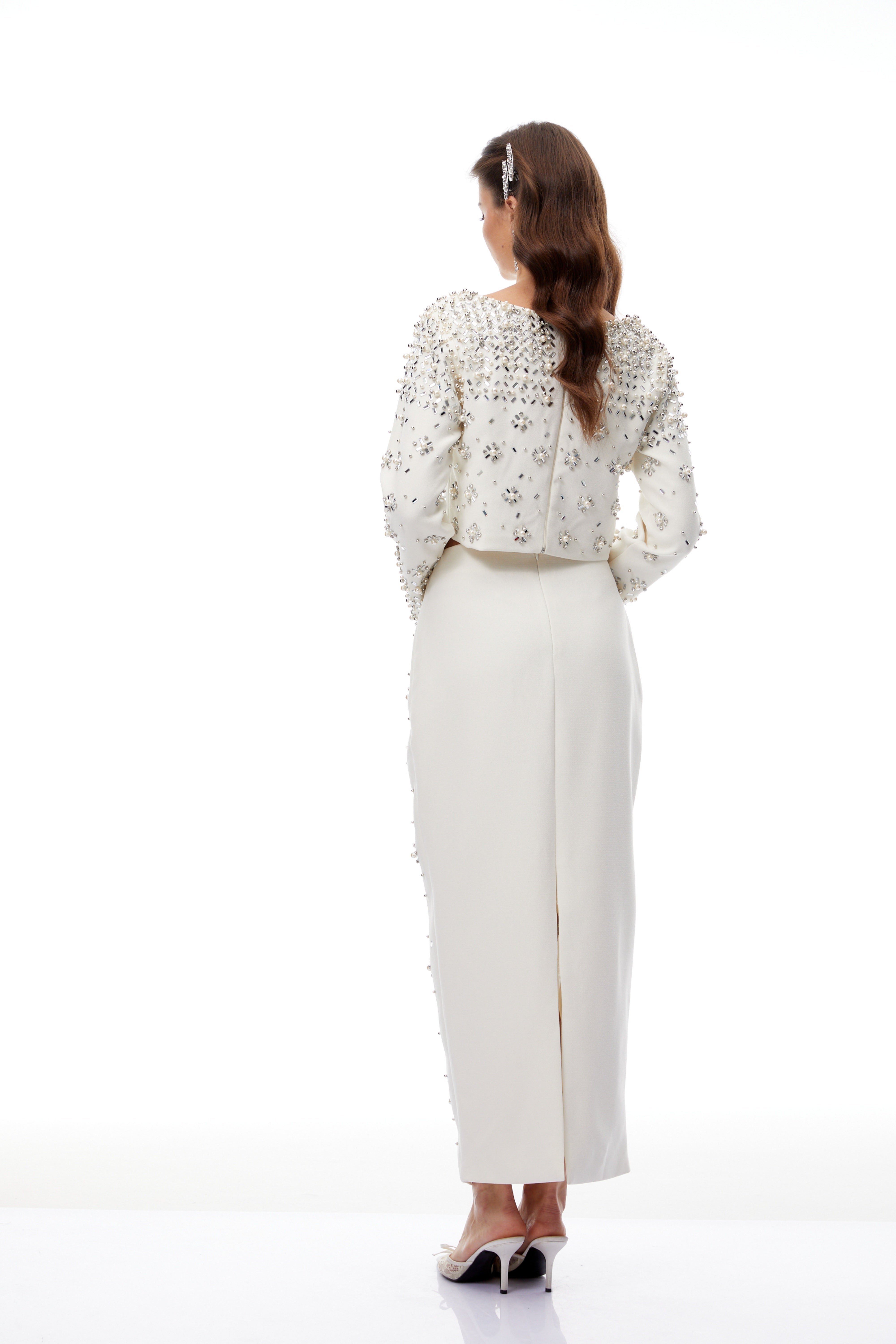 Denise White Fully Embellished Blouse & Skirt Set