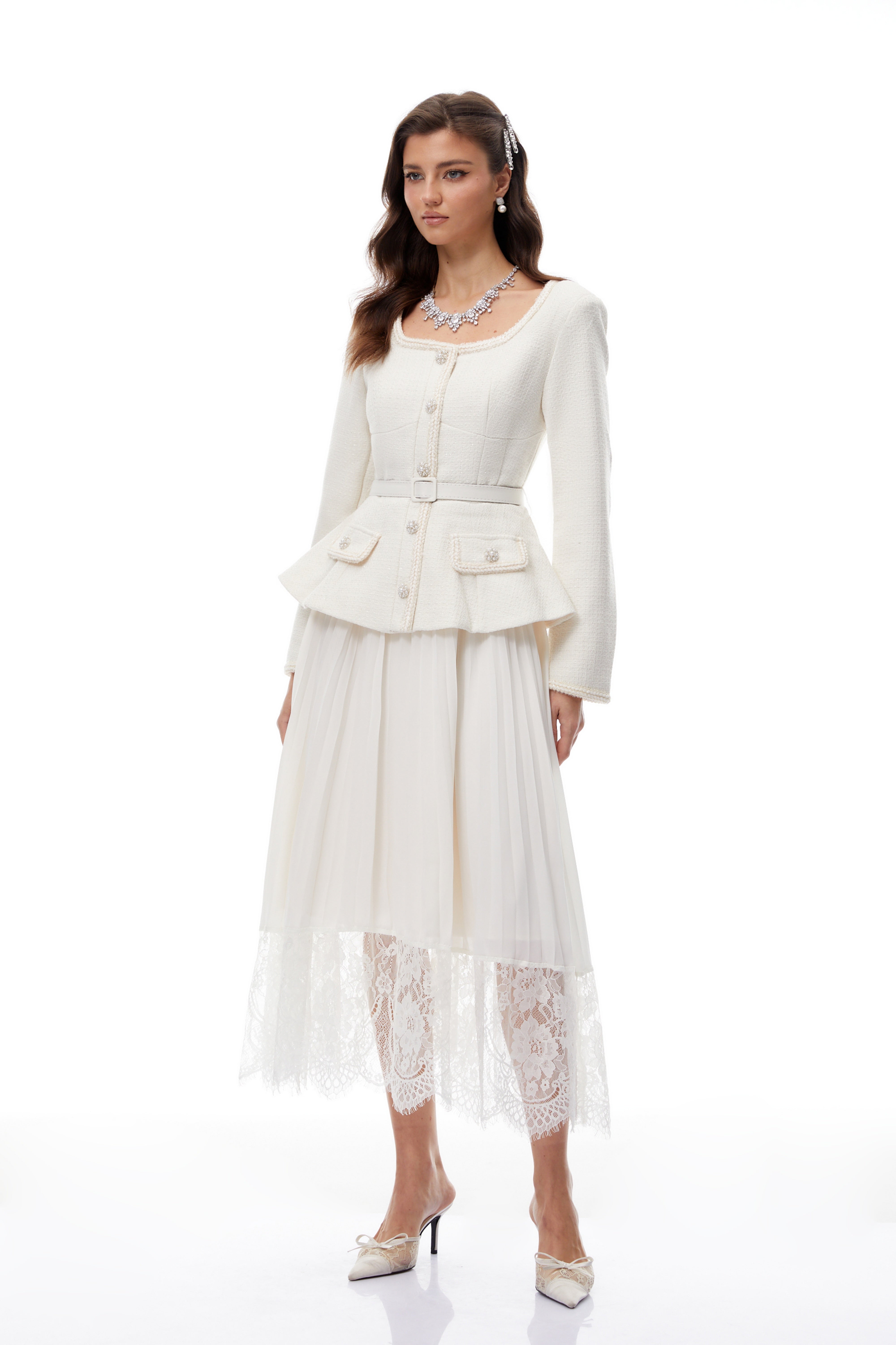 Iver White Lace Panel Tweed Midi Dress