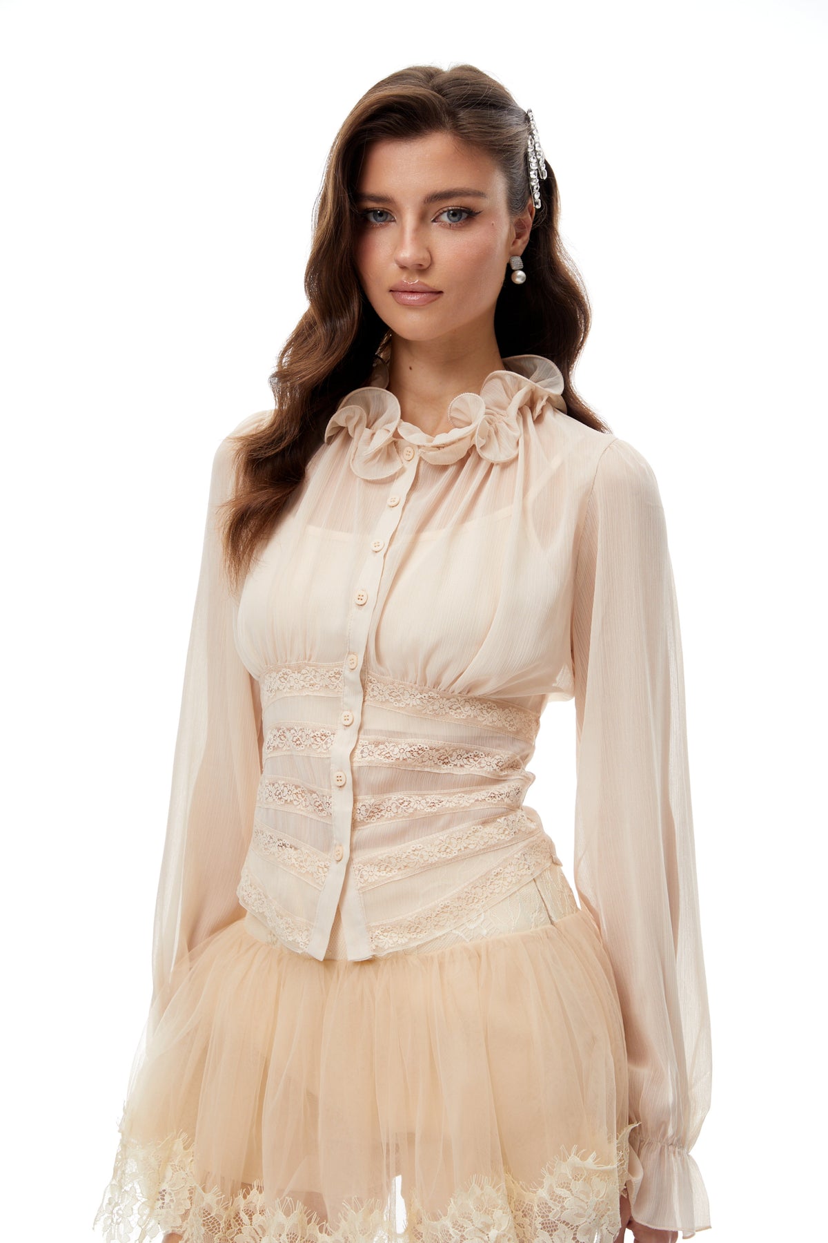Erin Neutral Lace Panel Blouse & Skirt Set (Final Sale)