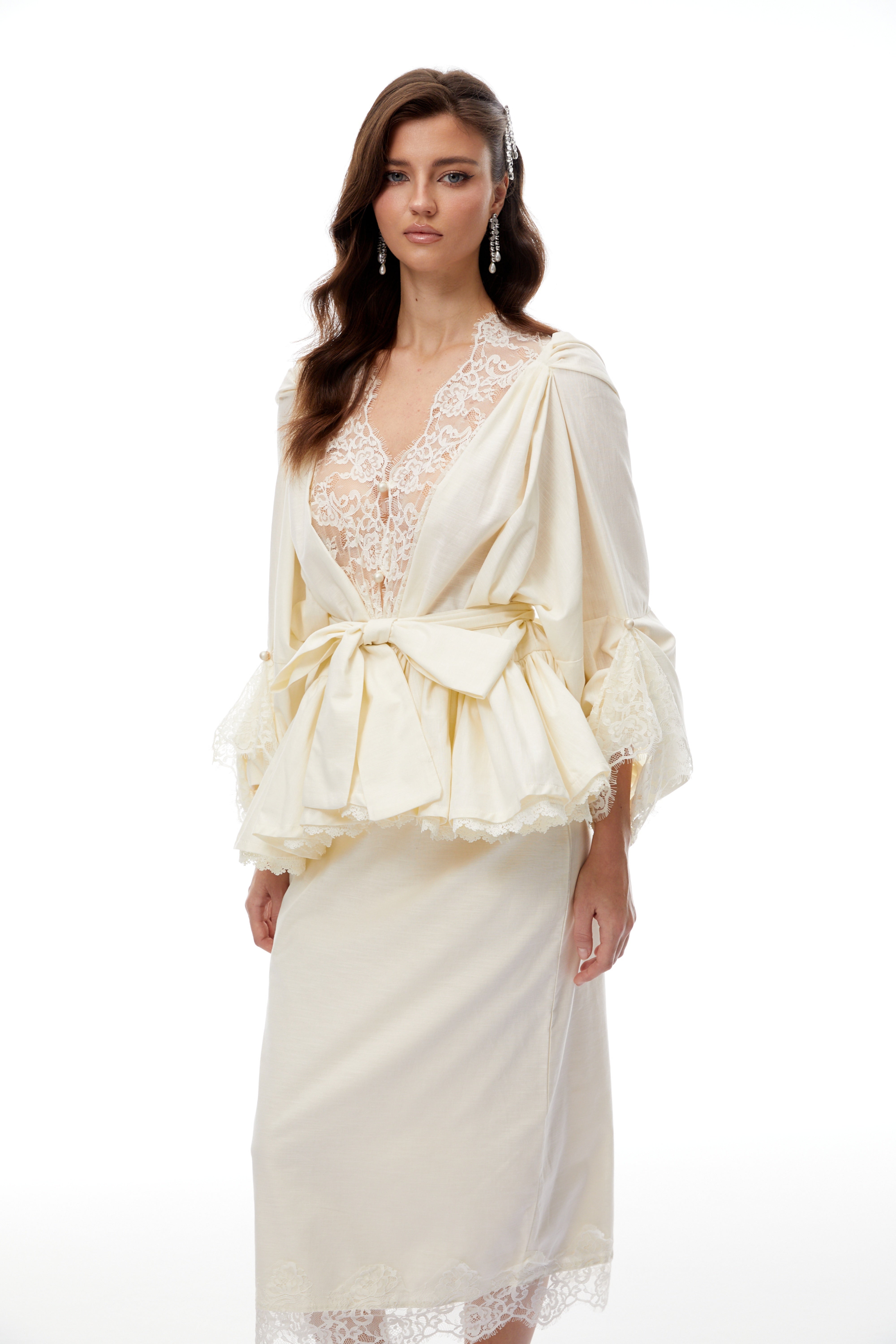 Madge White Lace Panel Blouse & Skirt Set