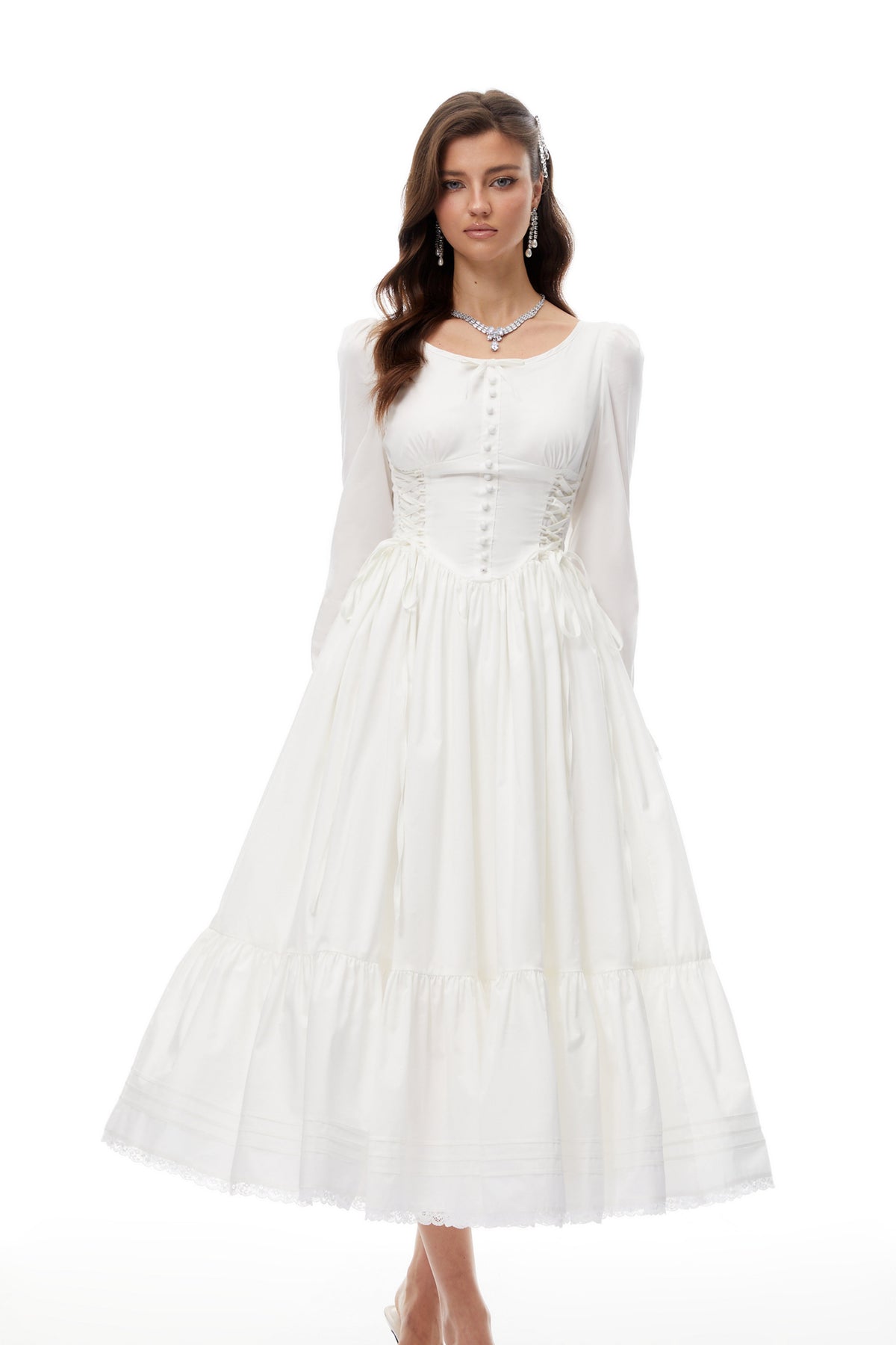 Brandy White Lace Up Shirred Midi Dress