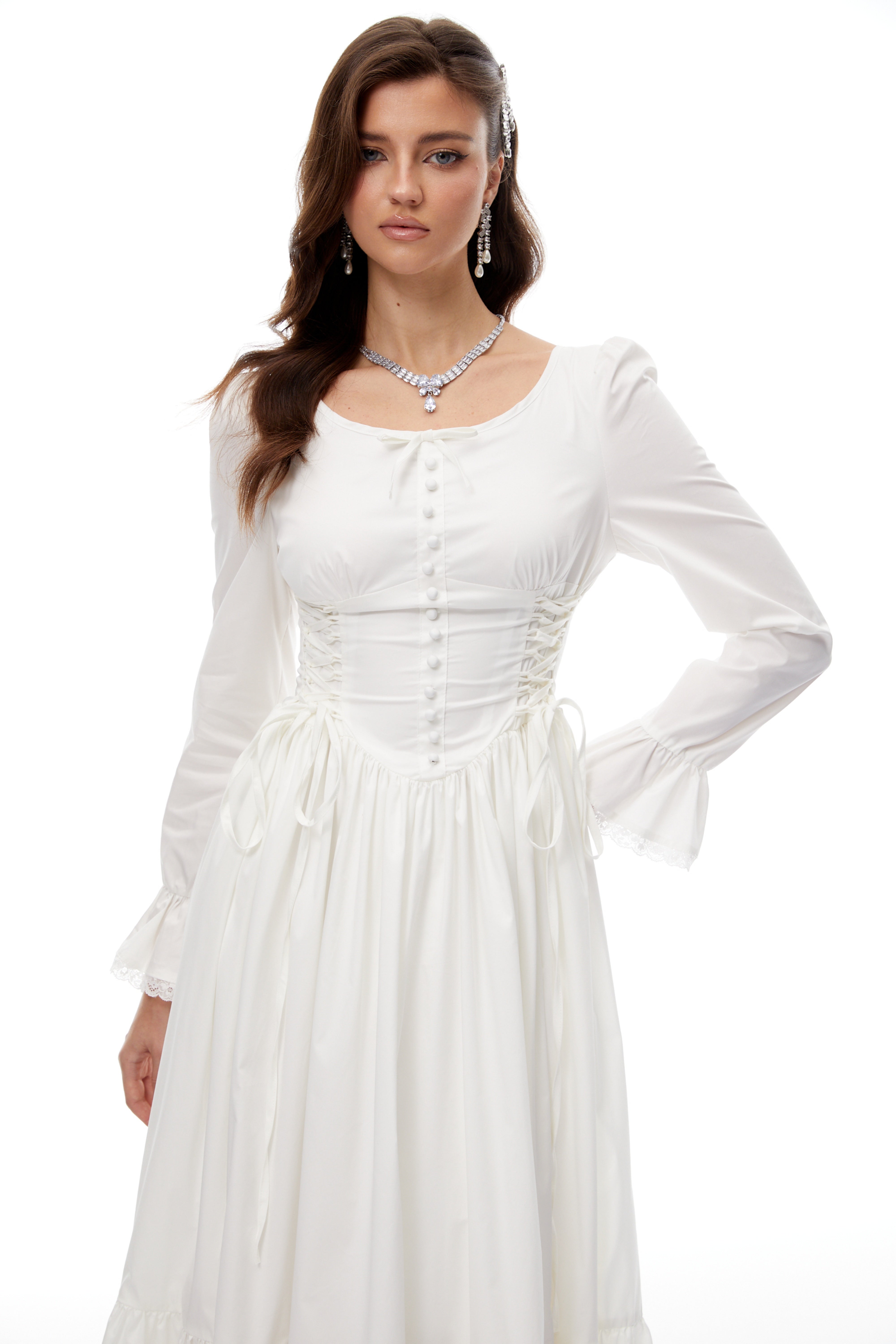 Brandy White Lace Up Shirred Midi Dress