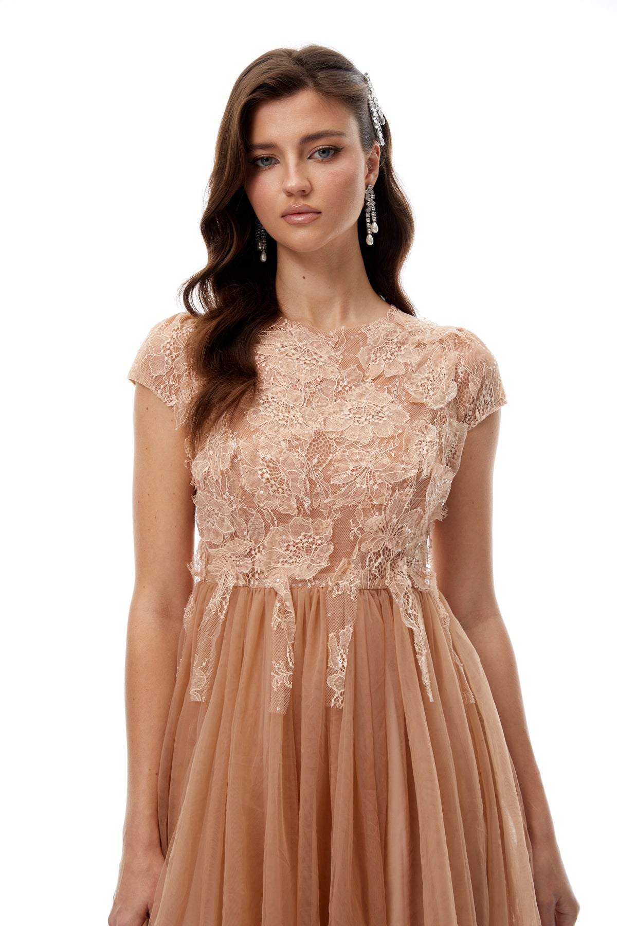 Fern Brown Lace Panel Tulle Midi Dress