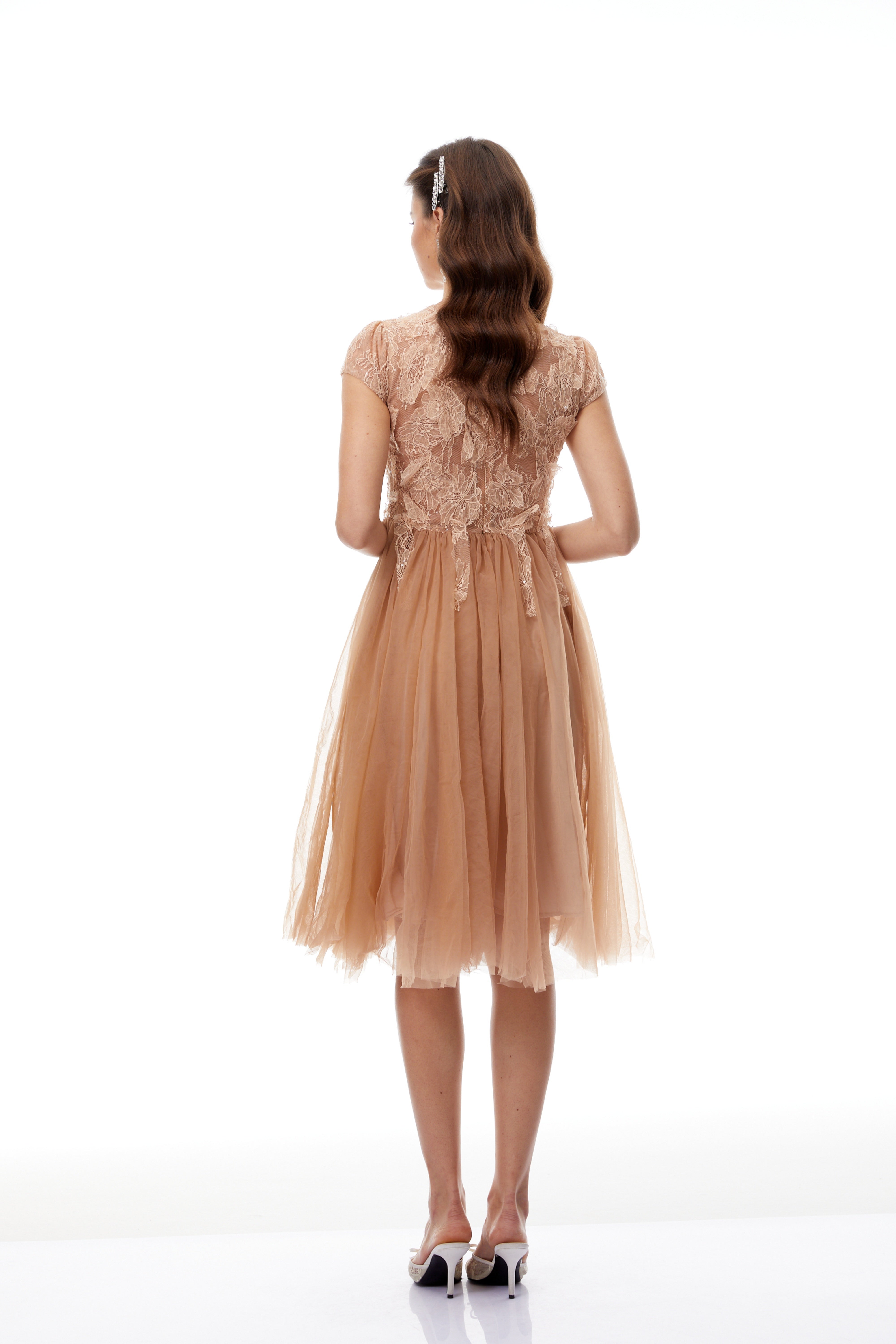 Fern Brown Lace Panel Tulle Midi Dress