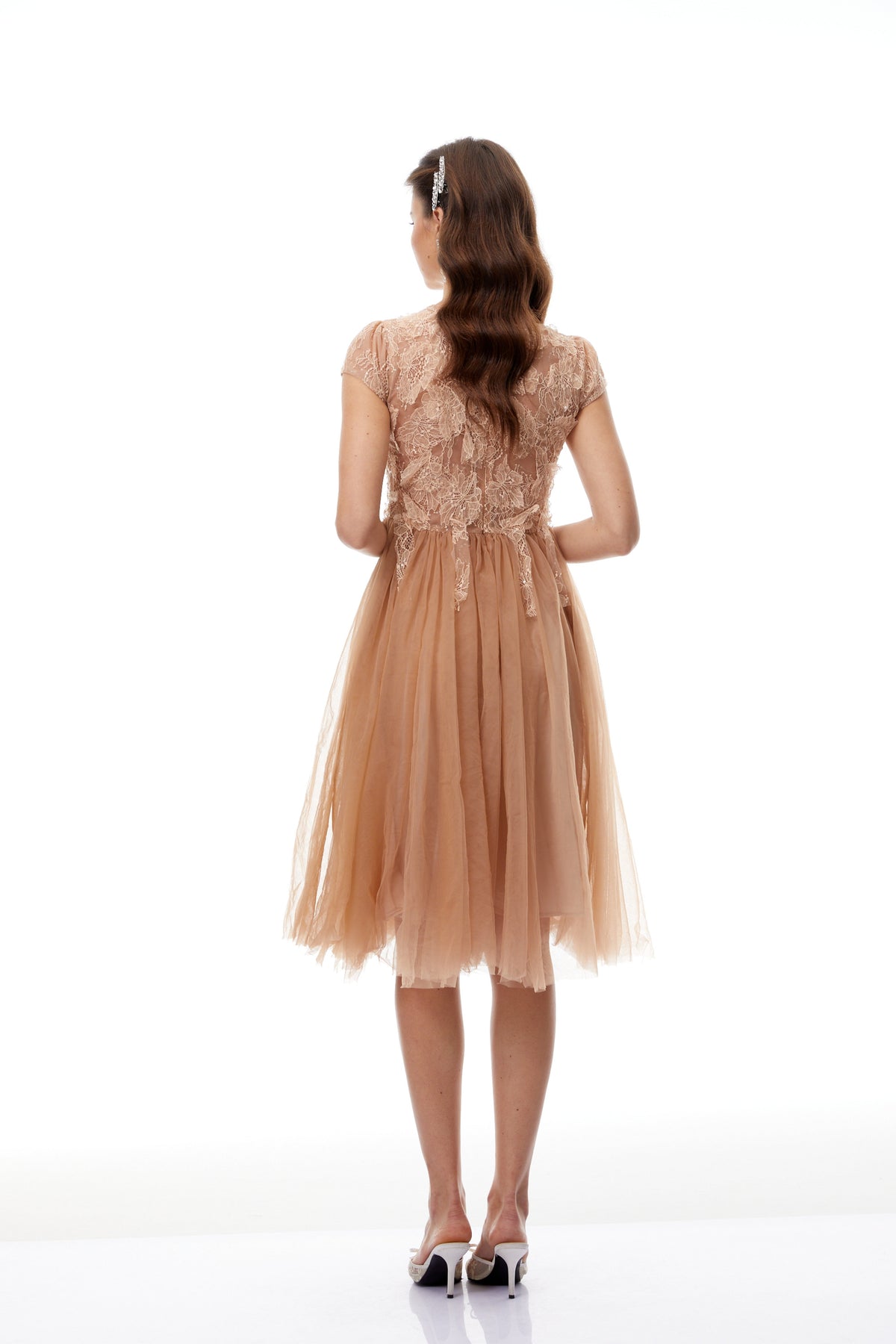 Fern Brown Lace Panel Tulle Midi Dress (Final Sale)