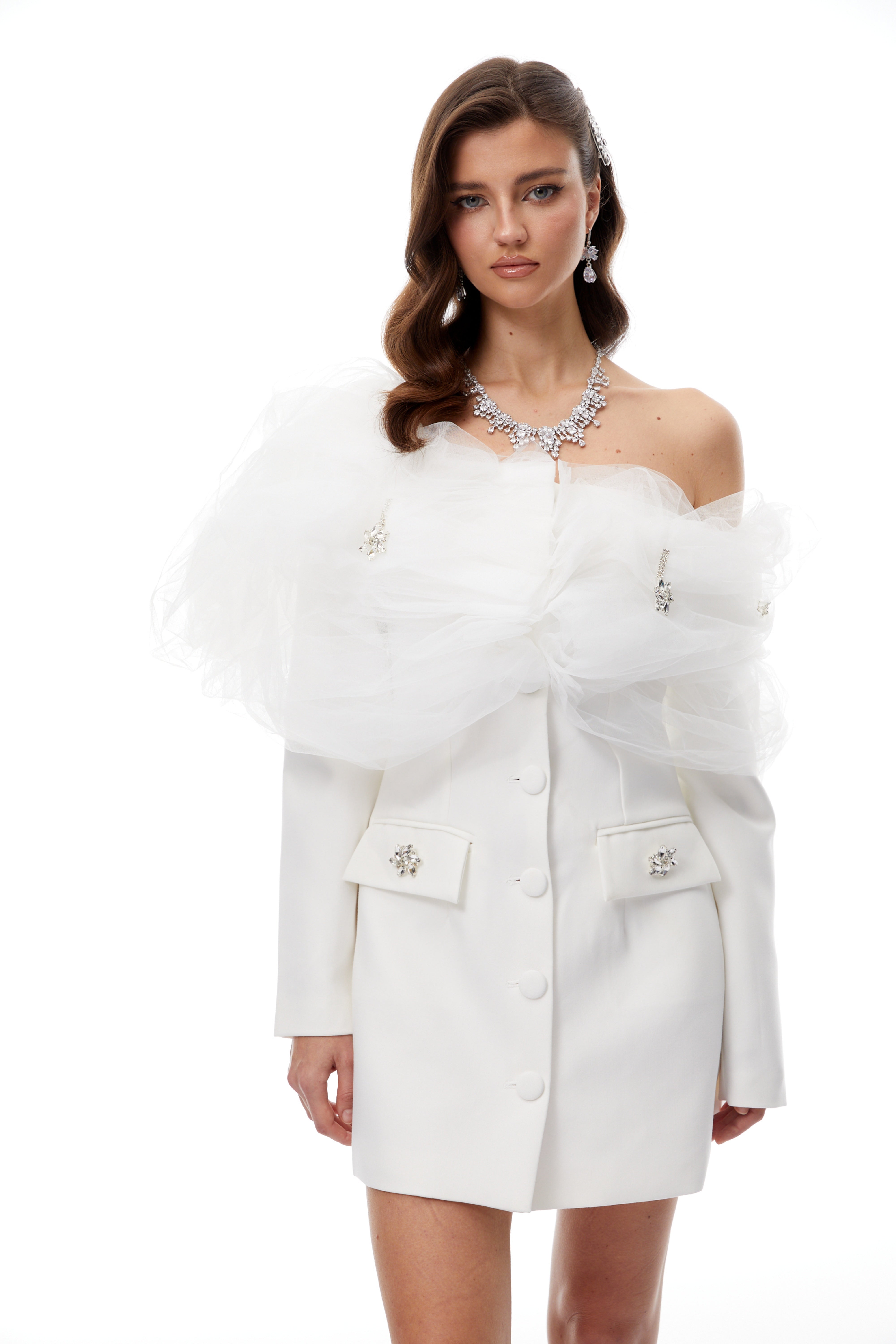 Eunice White Tulle Panel Mini Blazer Dress