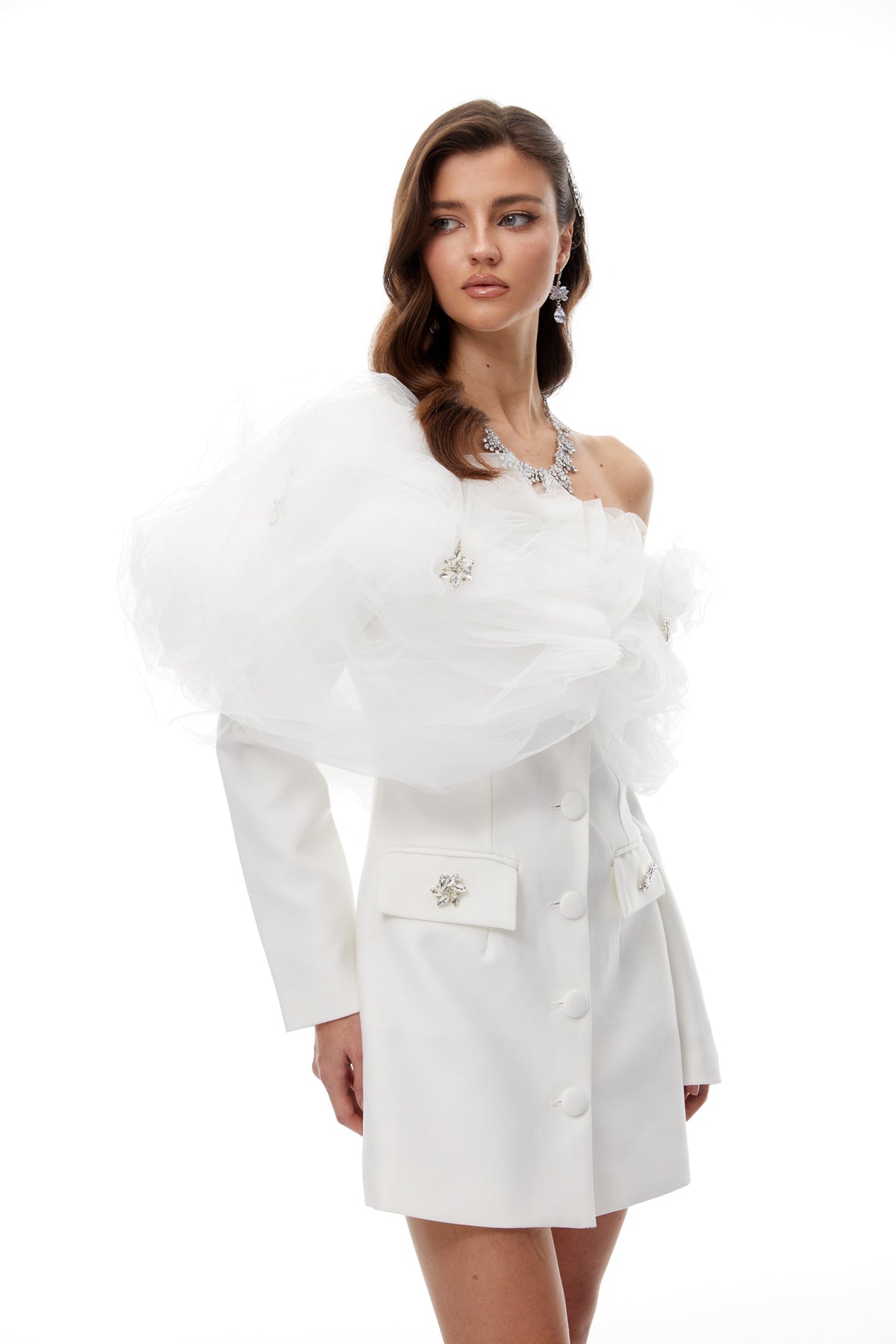 Eunice White Tulle Panel Mini Blazer Dress