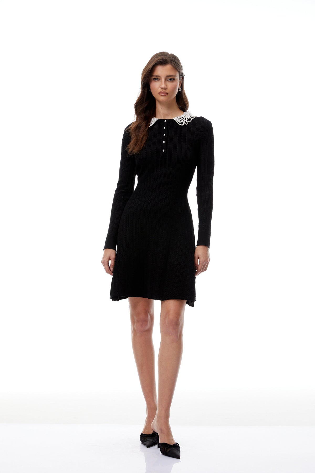 Lucia Black Pearl Trim Knit Mini Dress