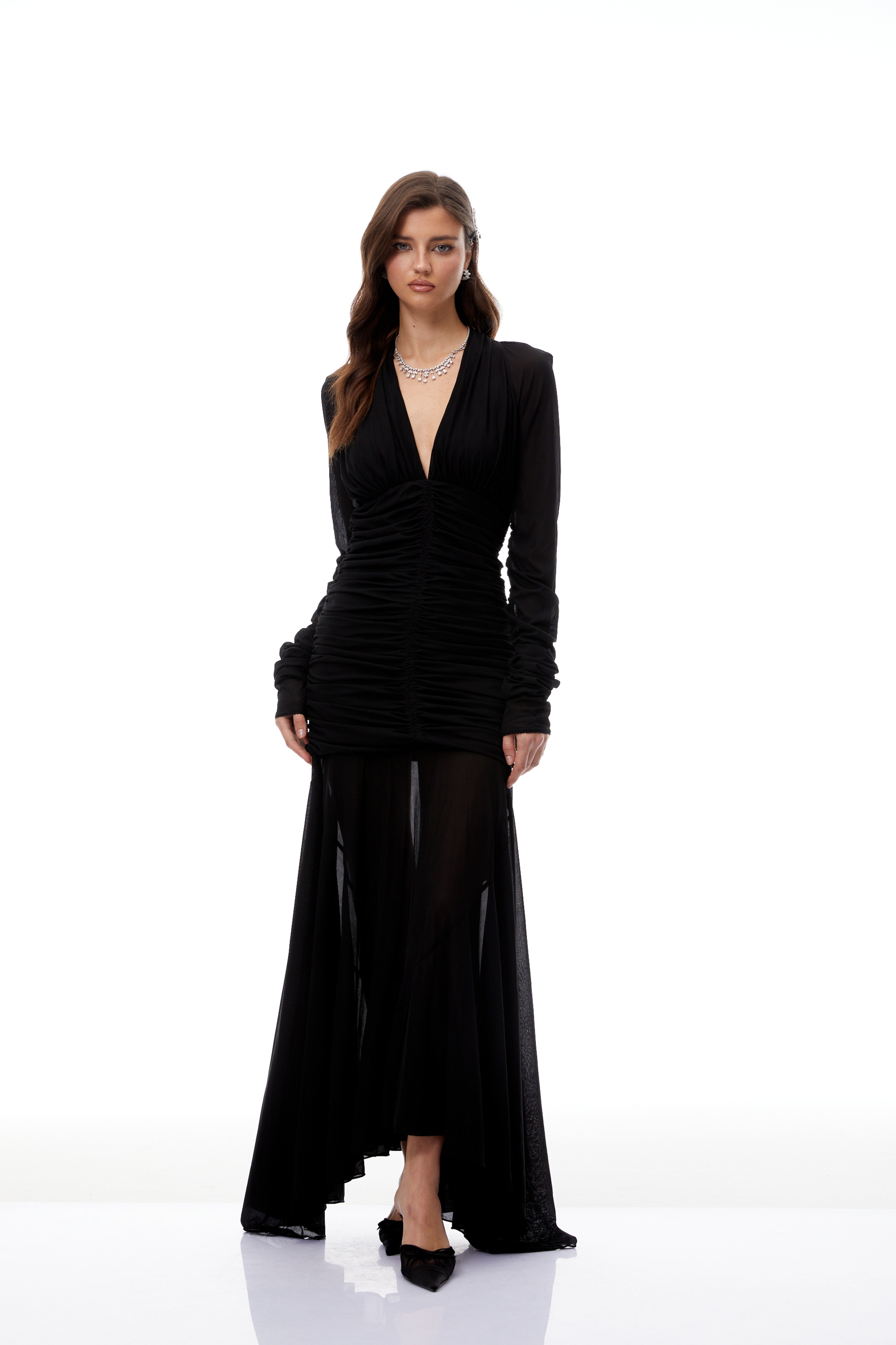 Greta Black Ruched Sheer Mesh Maxi Dress