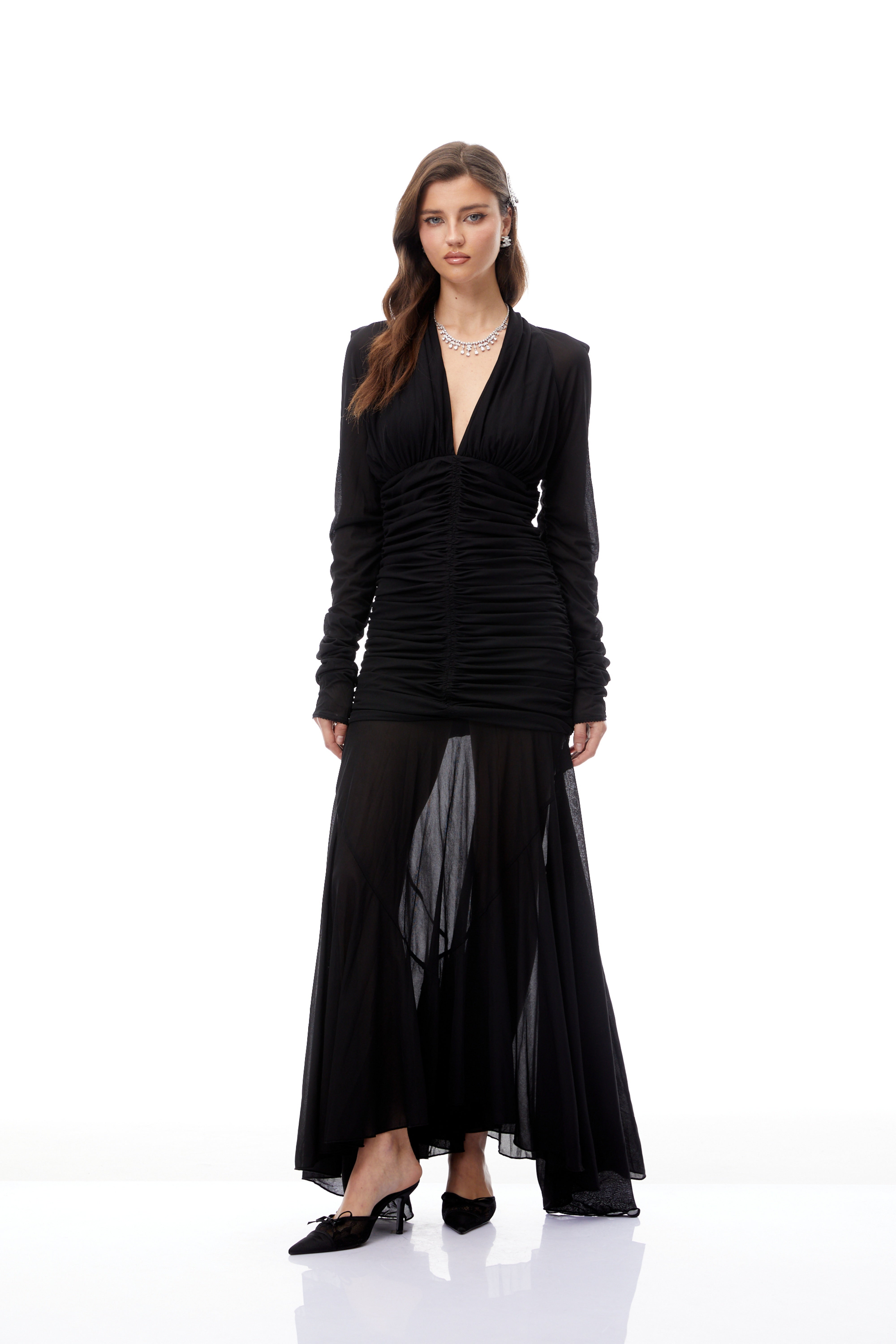 Greta Black Ruched Sheer Mesh Maxi Dress