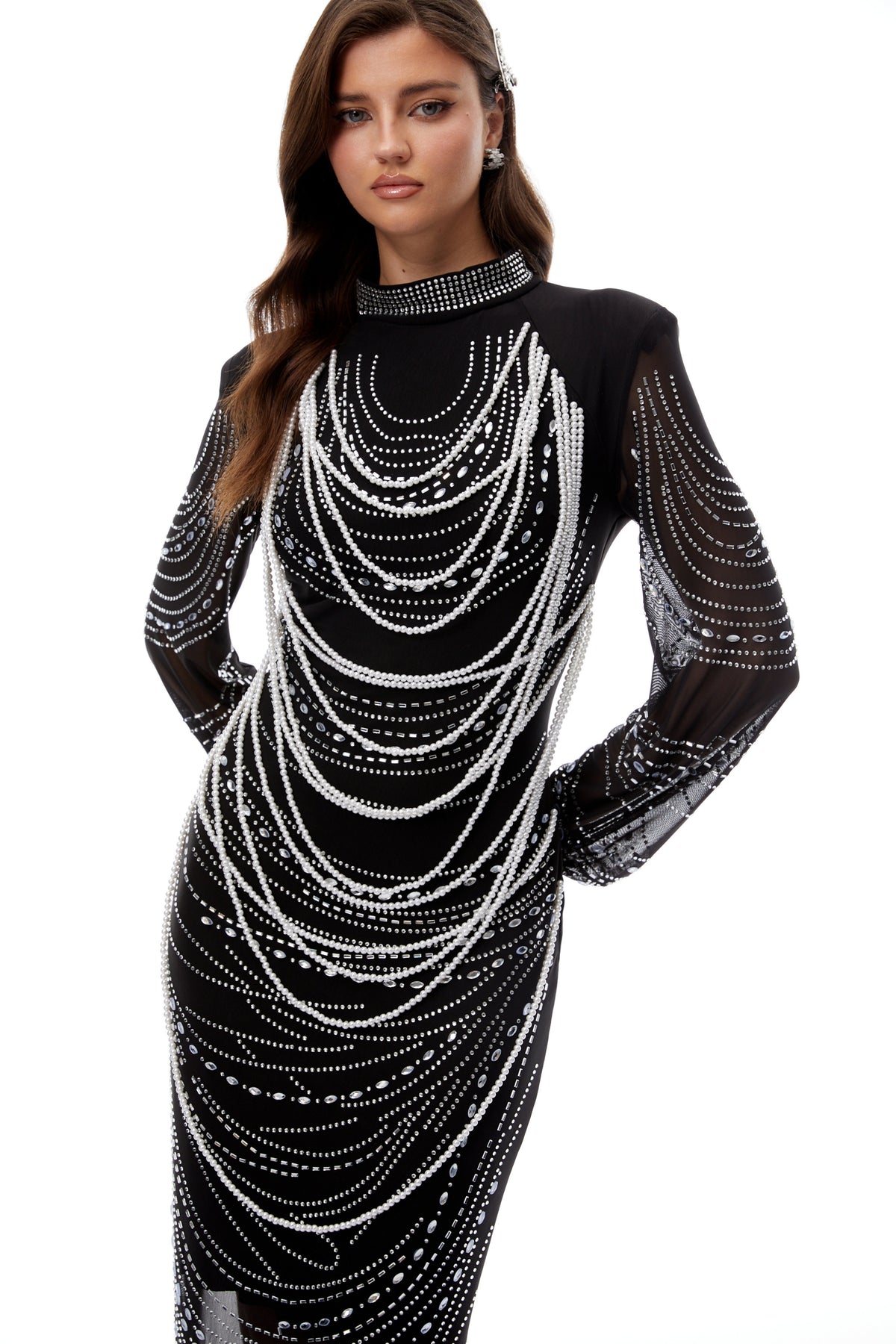 Ingrid Black Embellished Fringed Mesh Maxi Dress