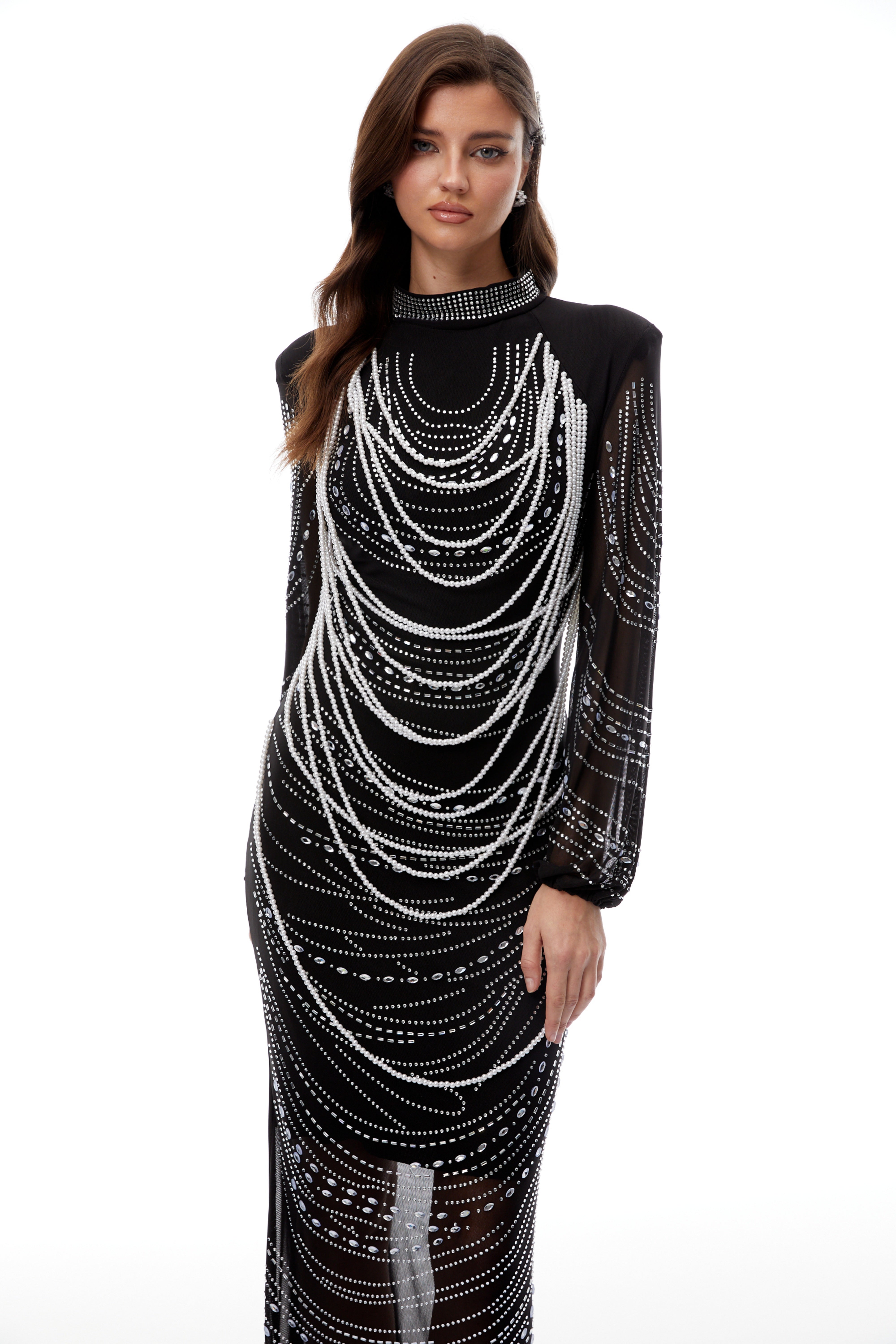 Ingrid Black Embellished Fringed Mesh Maxi Dress