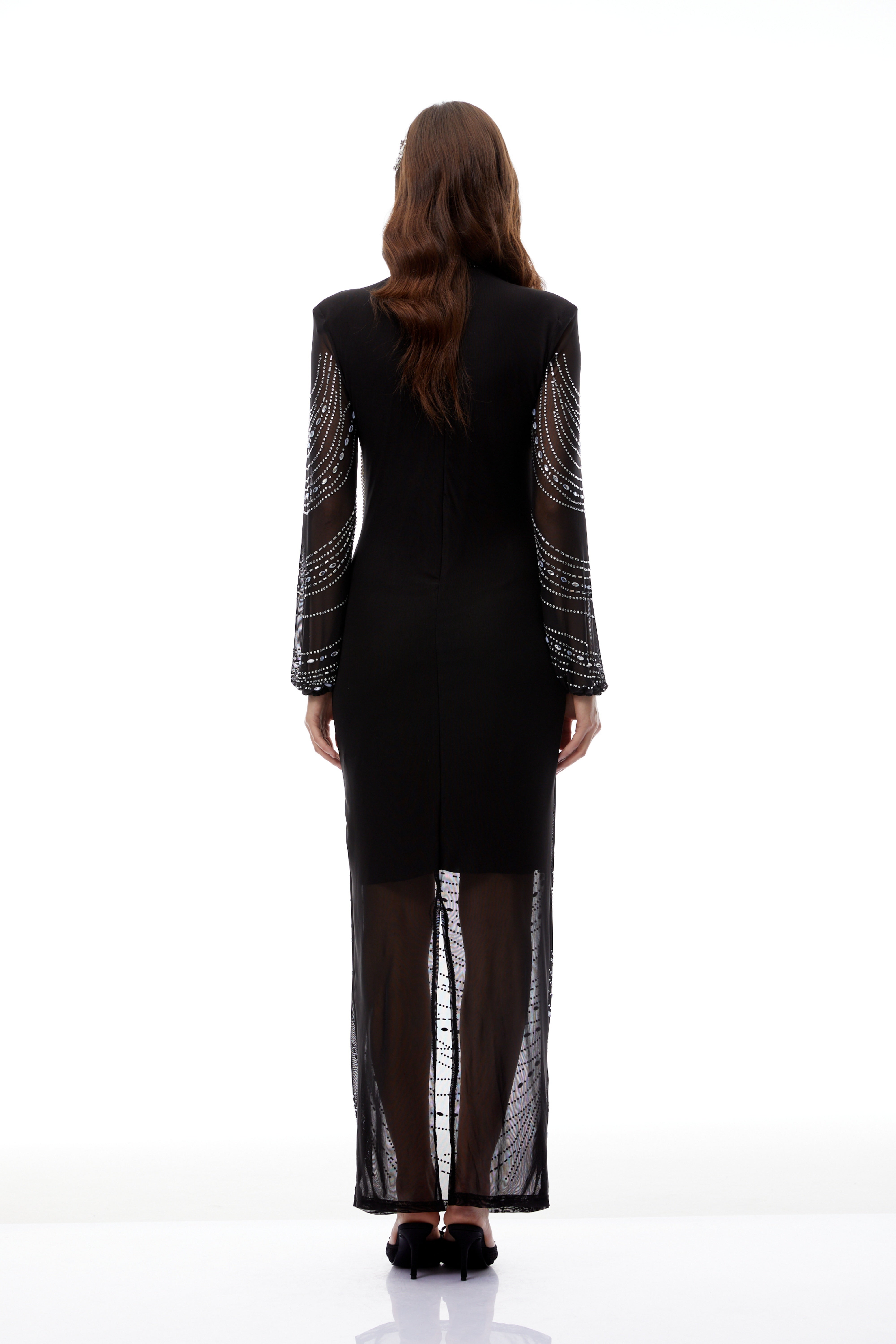 Ingrid Black Embellished Fringed Mesh Maxi Dress