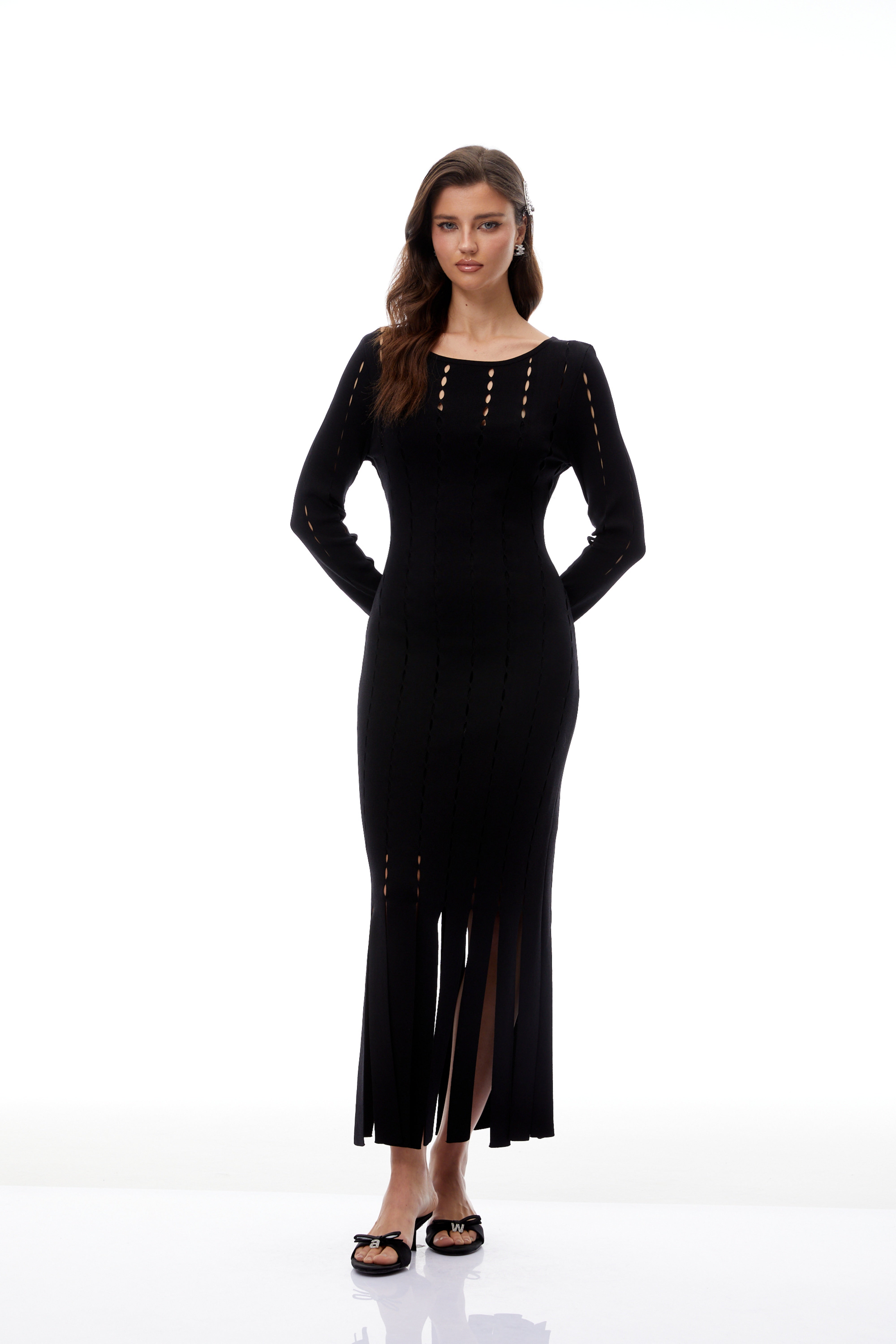 Ylva Black Cut Out Fringed Knit Midi Dress (Final Sale)