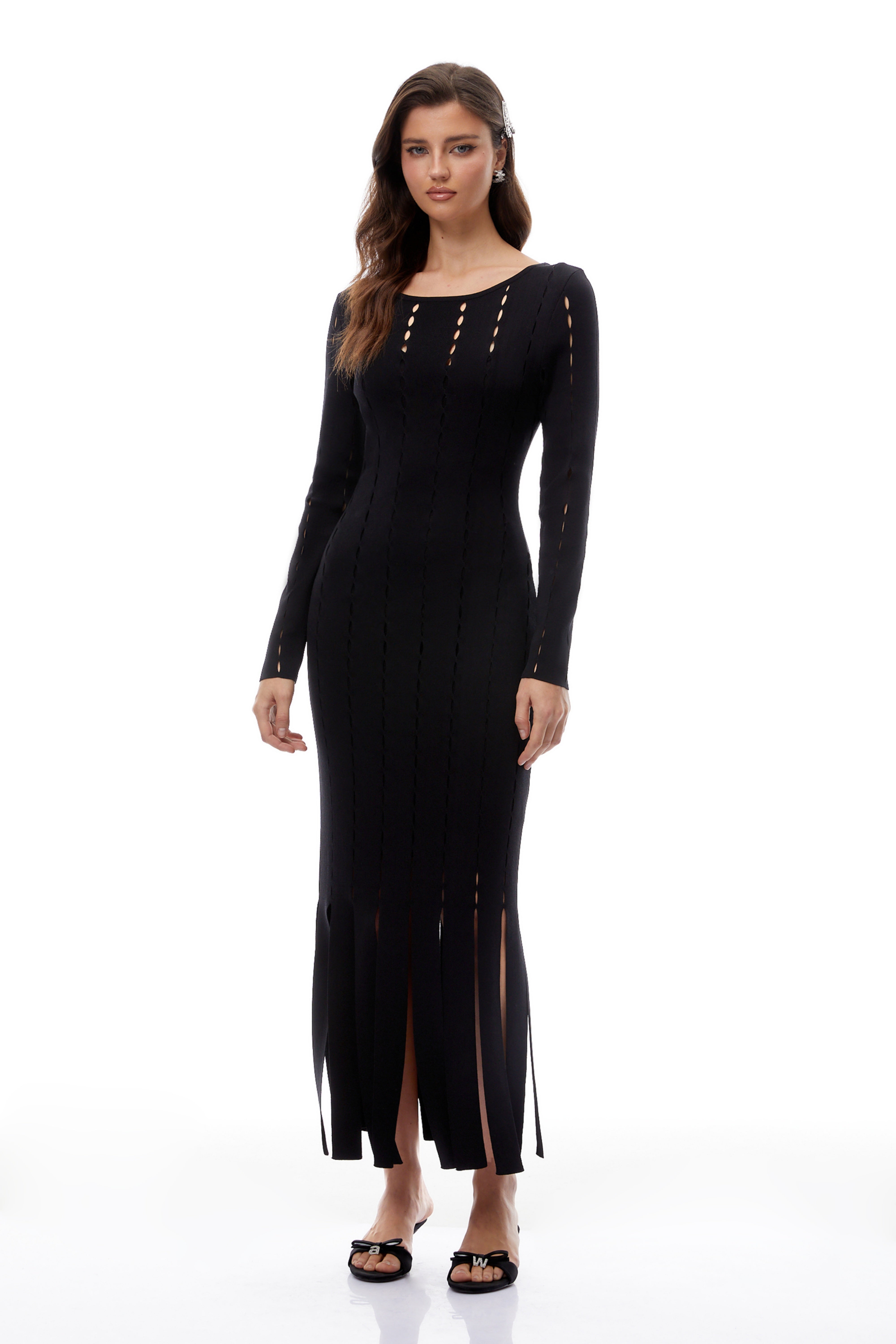 Ylva Black Cut Out Fringed Knit Midi Dress (Final Sale)